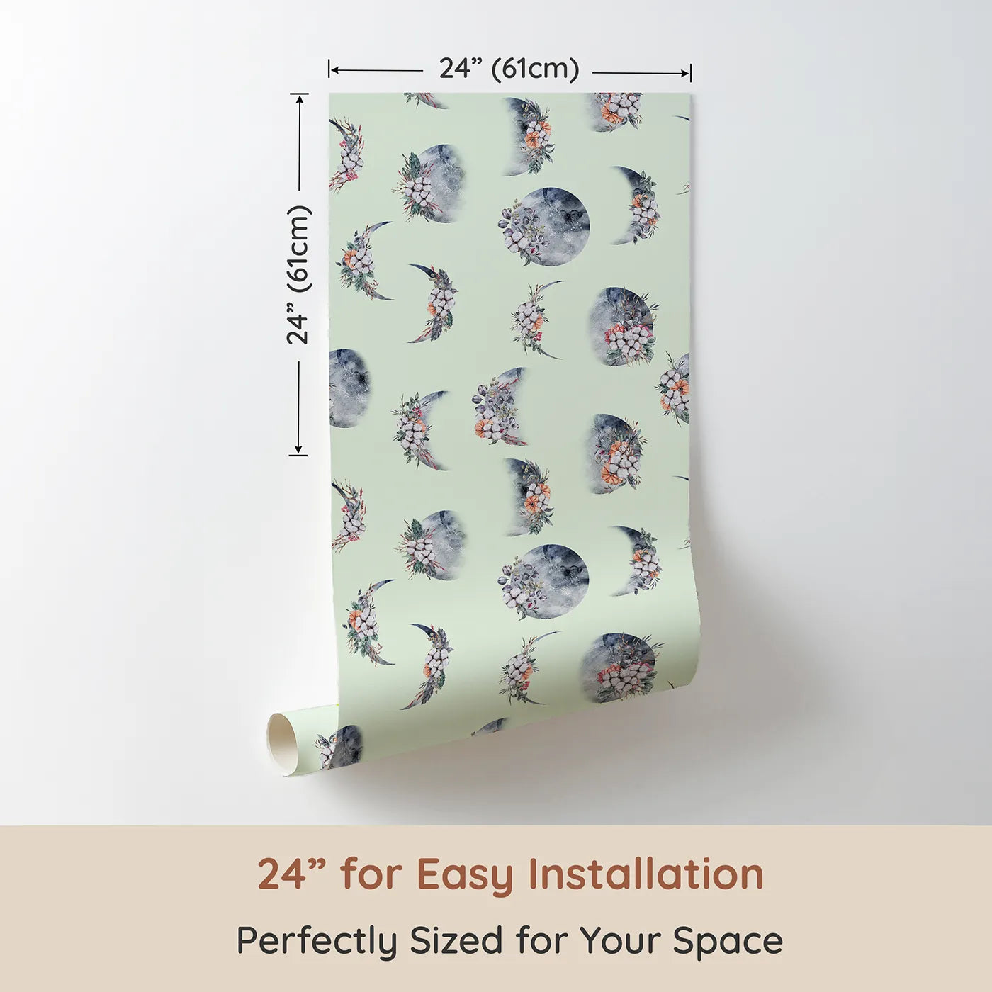 Dimension view of Whimsy Tots Celestial Winter Blooms Wallpaper in Mint Green (W3370D). Printed in 24-inch-wide panel for easy installation. Celestial moons and floral sprigs float across a minty sky.