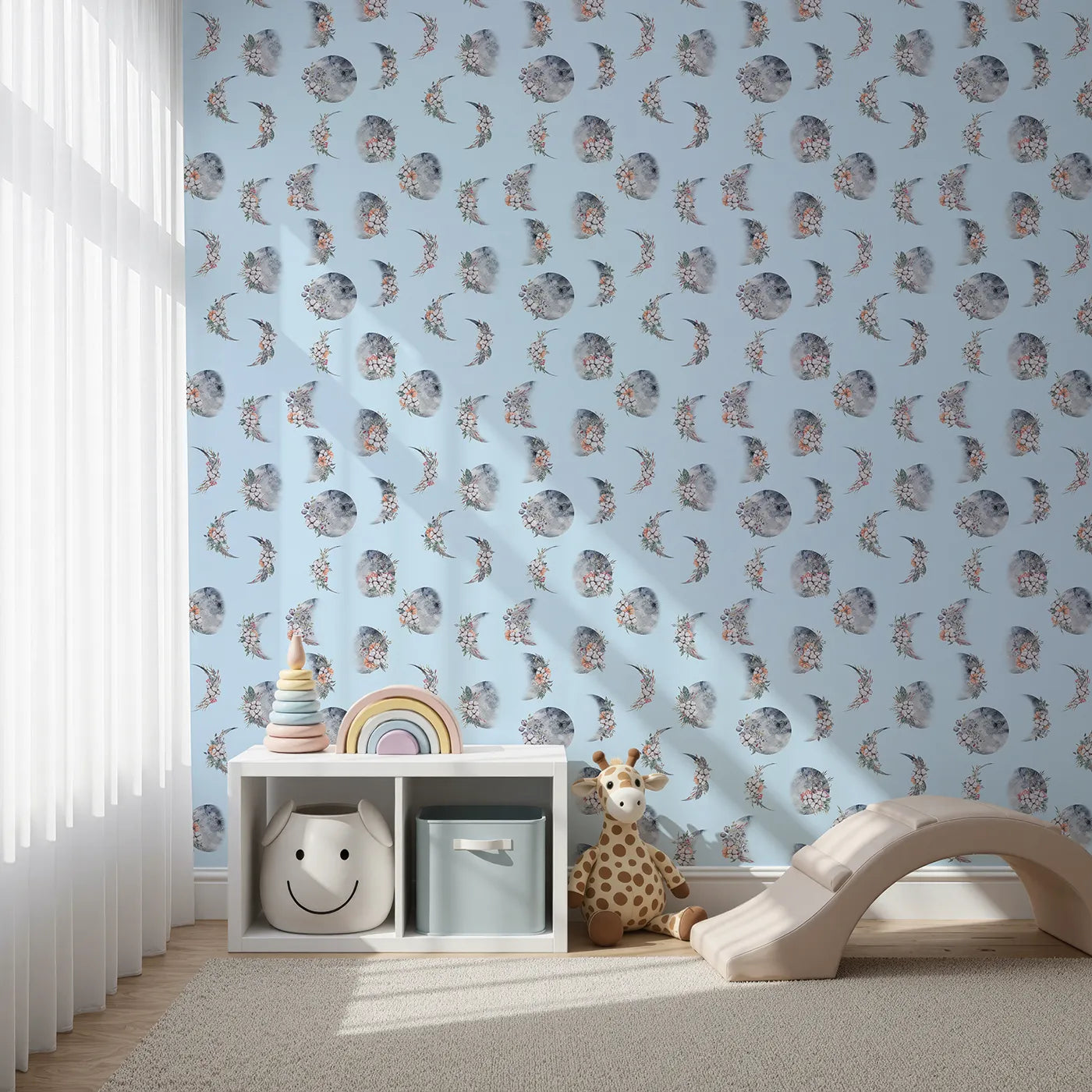 Front view of Whimsy Tots' Celestial Winter Blooms Wallpaper in Sky