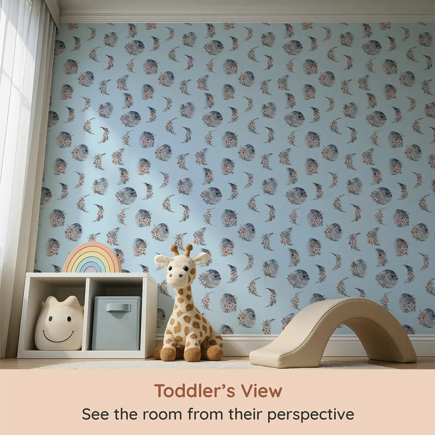 Whimsy Tots Celestial Winter Blooms Wallpaper in Sky (W3370E) from your child's view.Moons and winter florals drift softly across a serene sky-blue breeze.