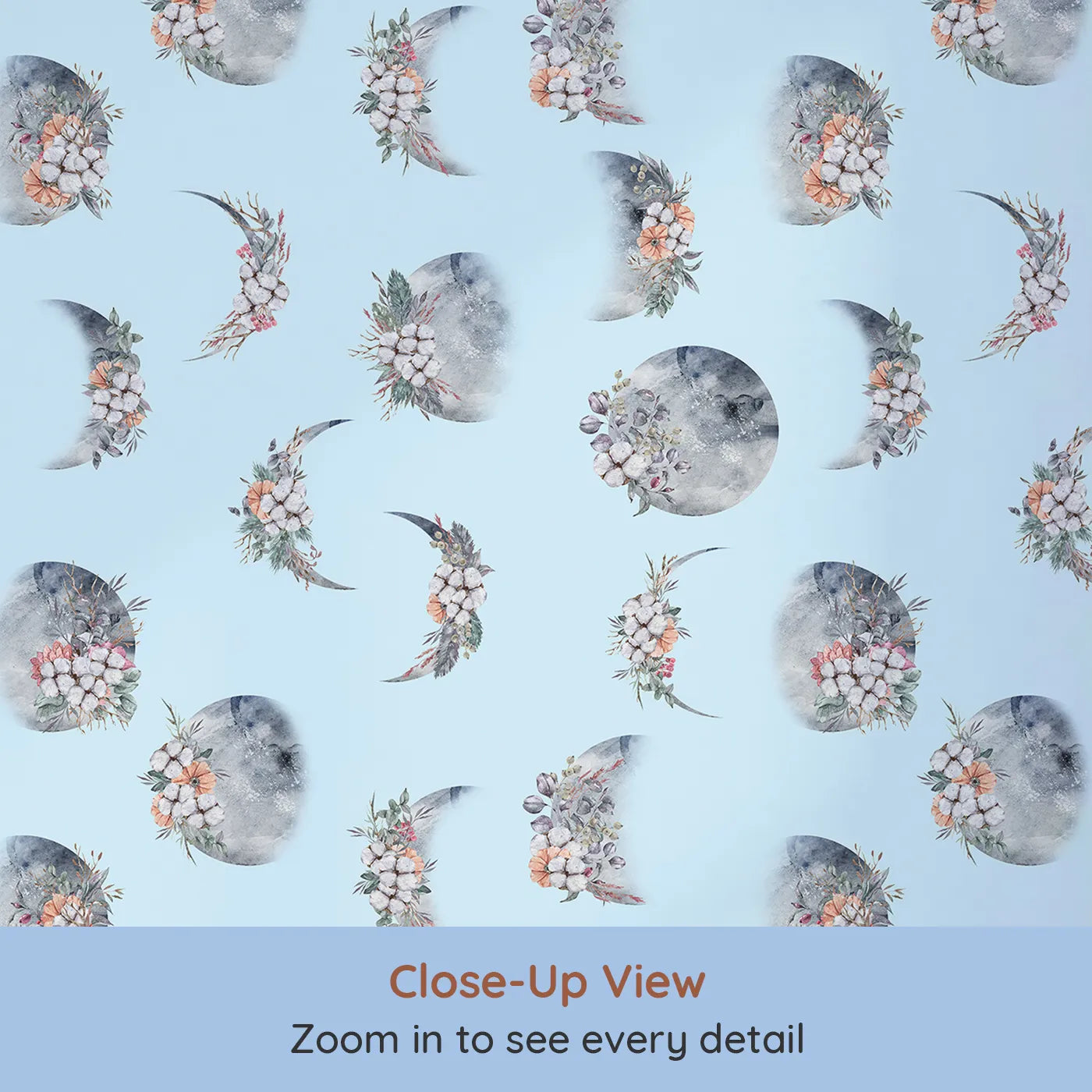 Close-up view of Whimsy Tots' Celestial Winter Blooms Wallpaper in Sky (W3370E).Moons and winter florals drift softly across a serene sky-blue breeze.