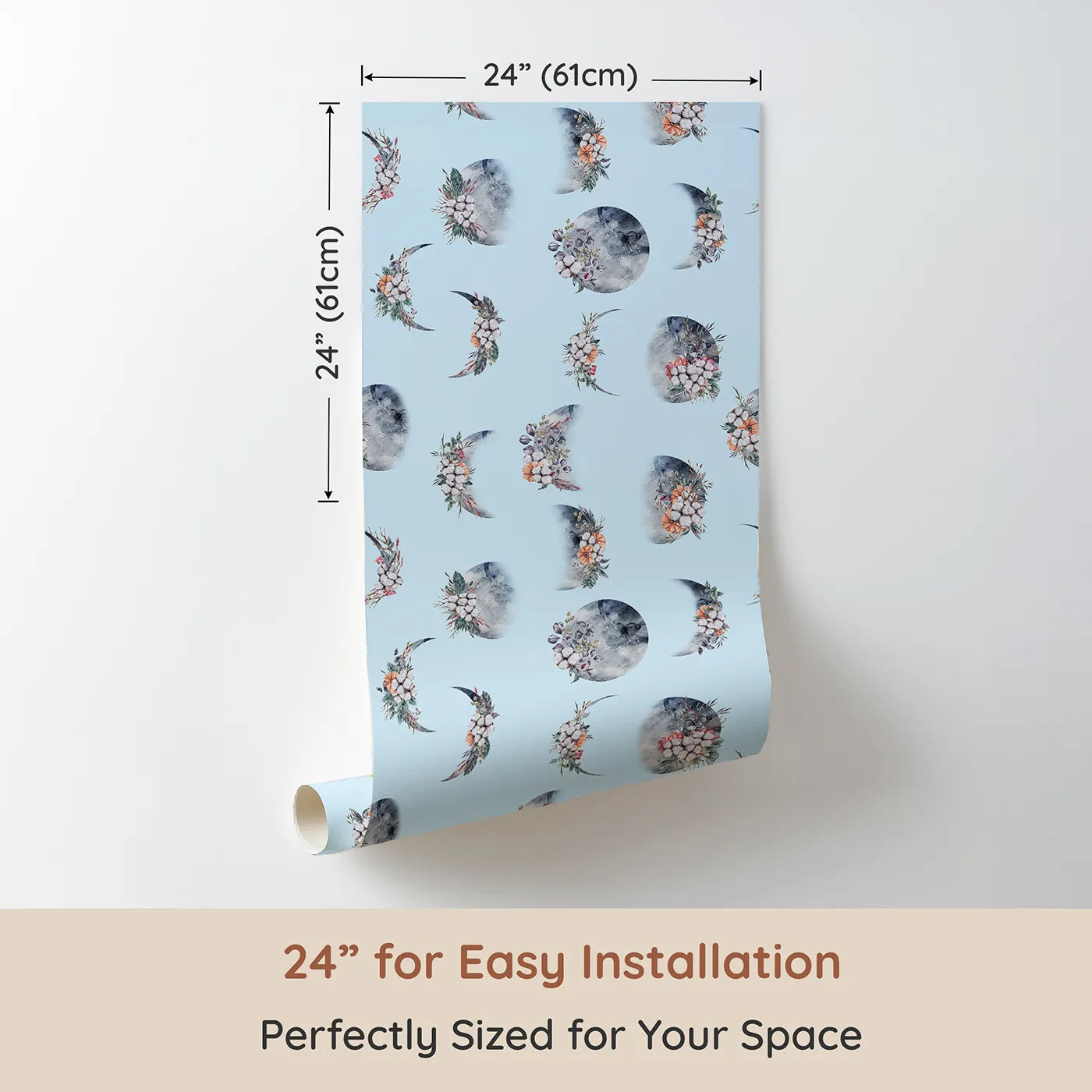 Dimension view of Whimsy Tots Celestial Winter Blooms Wallpaper in Sky (W3370E). Printed in 24-inch-wide panel for easy installation. Moons and winter florals drift softly across a serene sky-blue breeze.