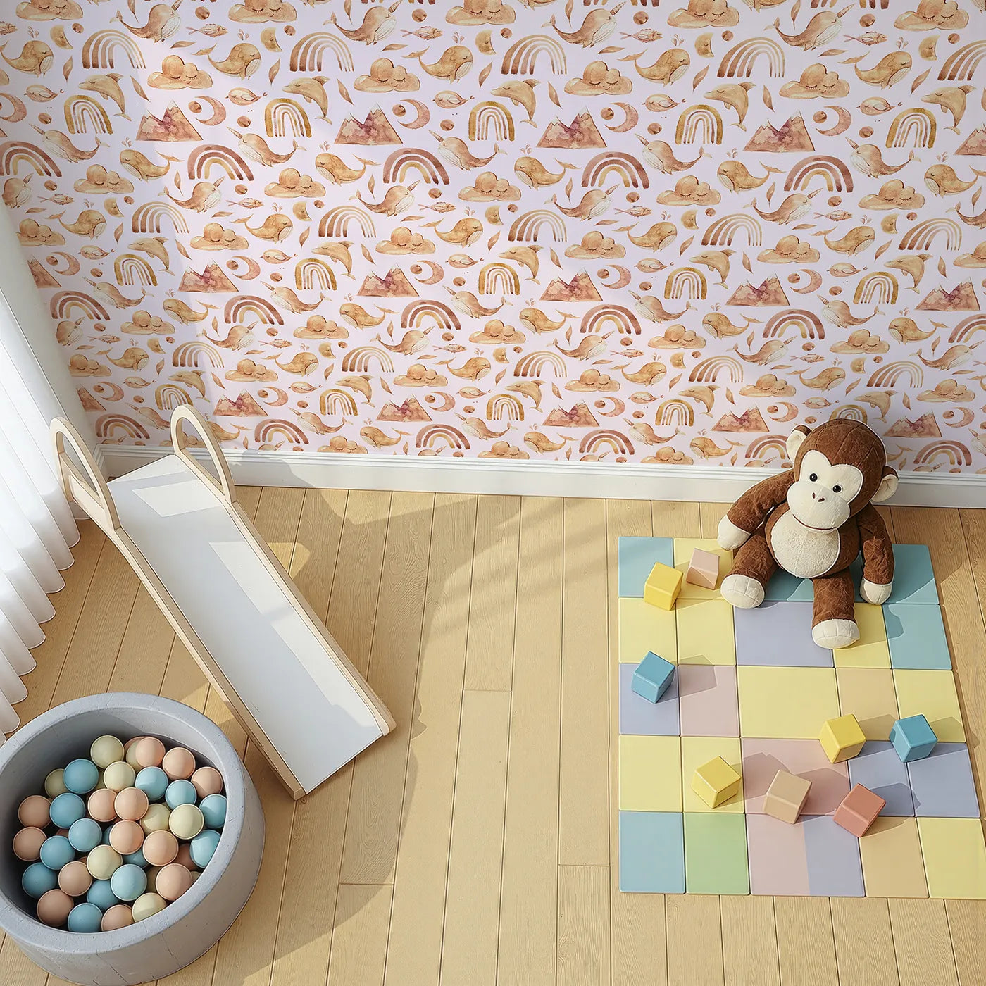 Top-Down view of Whimsy Tots' Whimsical Earth Friends Wallpaper in Blush Pink (W3371B).Earthy animals, clouds, and rainbows float gently on a rosy pink sky.