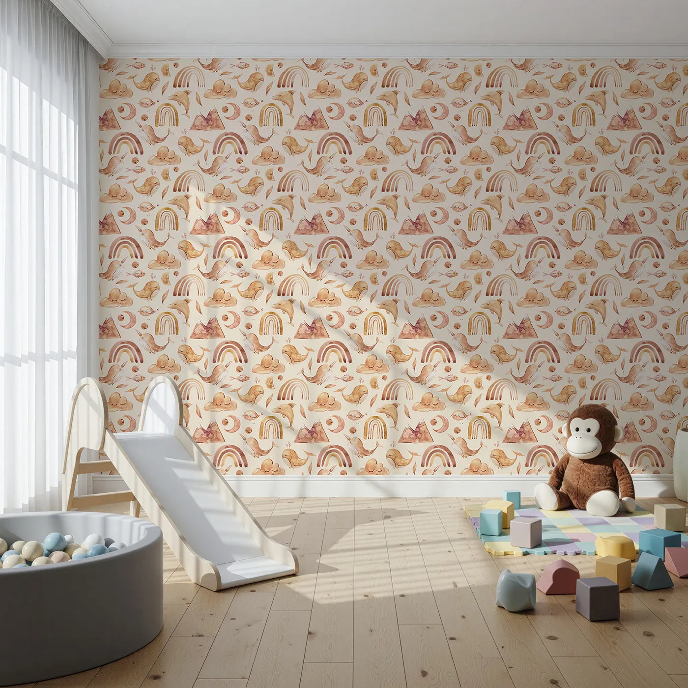Front view of Whimsy Tots' Whimsical Earth Friends Wallpaper in Cream