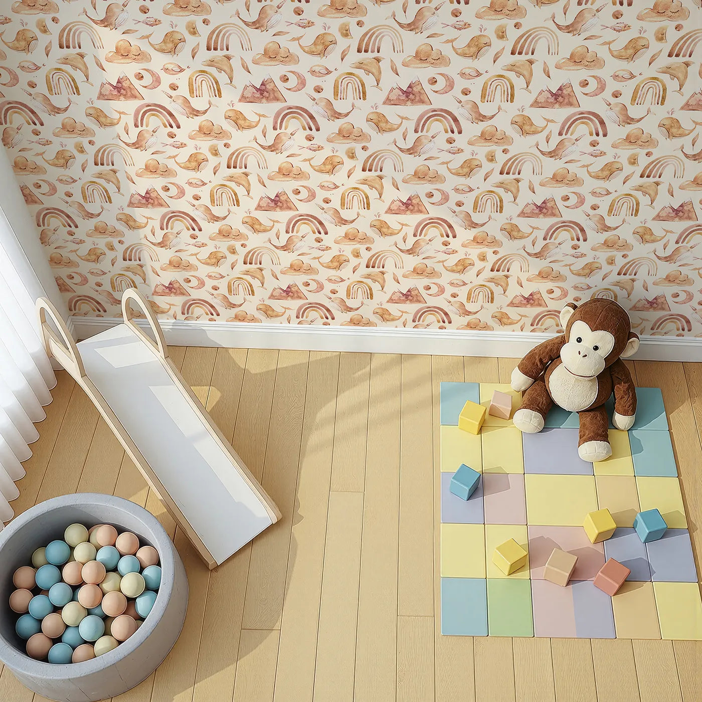 Top-Down view of Whimsy Tots' Whimsical Earth Friends Wallpaper in Cream (W3371C).Gentle whales, sleepy clouds, and soft rainbows float on a creamy warm sky.