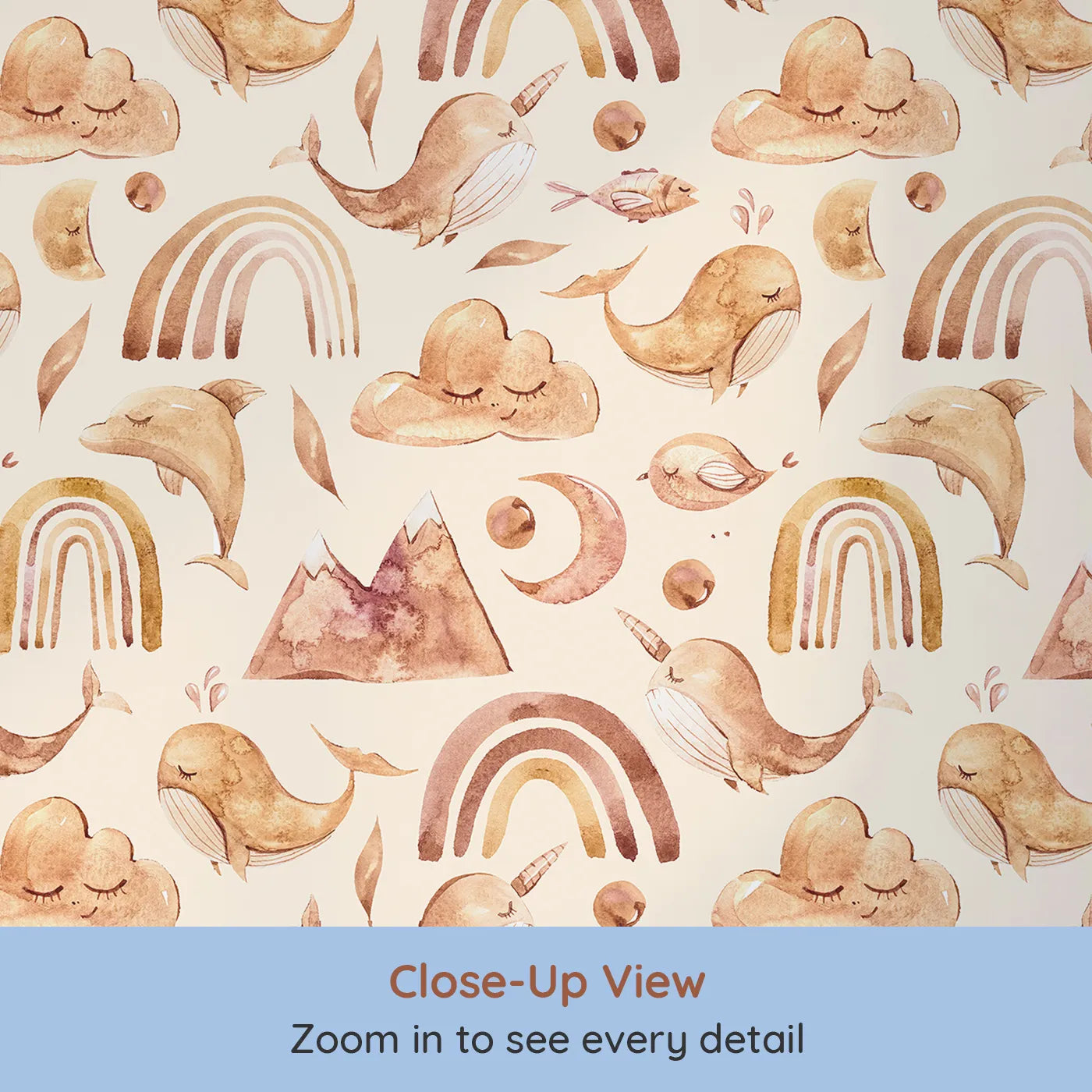 Close-up view of Whimsy Tots' Whimsical Earth Friends Wallpaper in Cream (W3371C).Gentle whales, sleepy clouds, and soft rainbows float on a creamy warm sky.