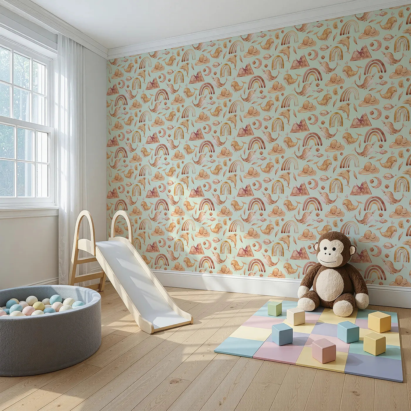 Angled view of Whimsy Tots' Whimsical Earth Friends Wallpaper in Mint Green (W3371D).Watercolor whales and sleepy moons drift across a fresh mint sky.