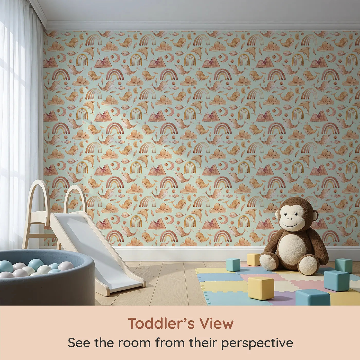 Whimsy Tots Whimsical Earth Friends Wallpaper in Mint Green (W3371D) from your child's view.Watercolor whales and sleepy moons drift across a fresh mint sky.