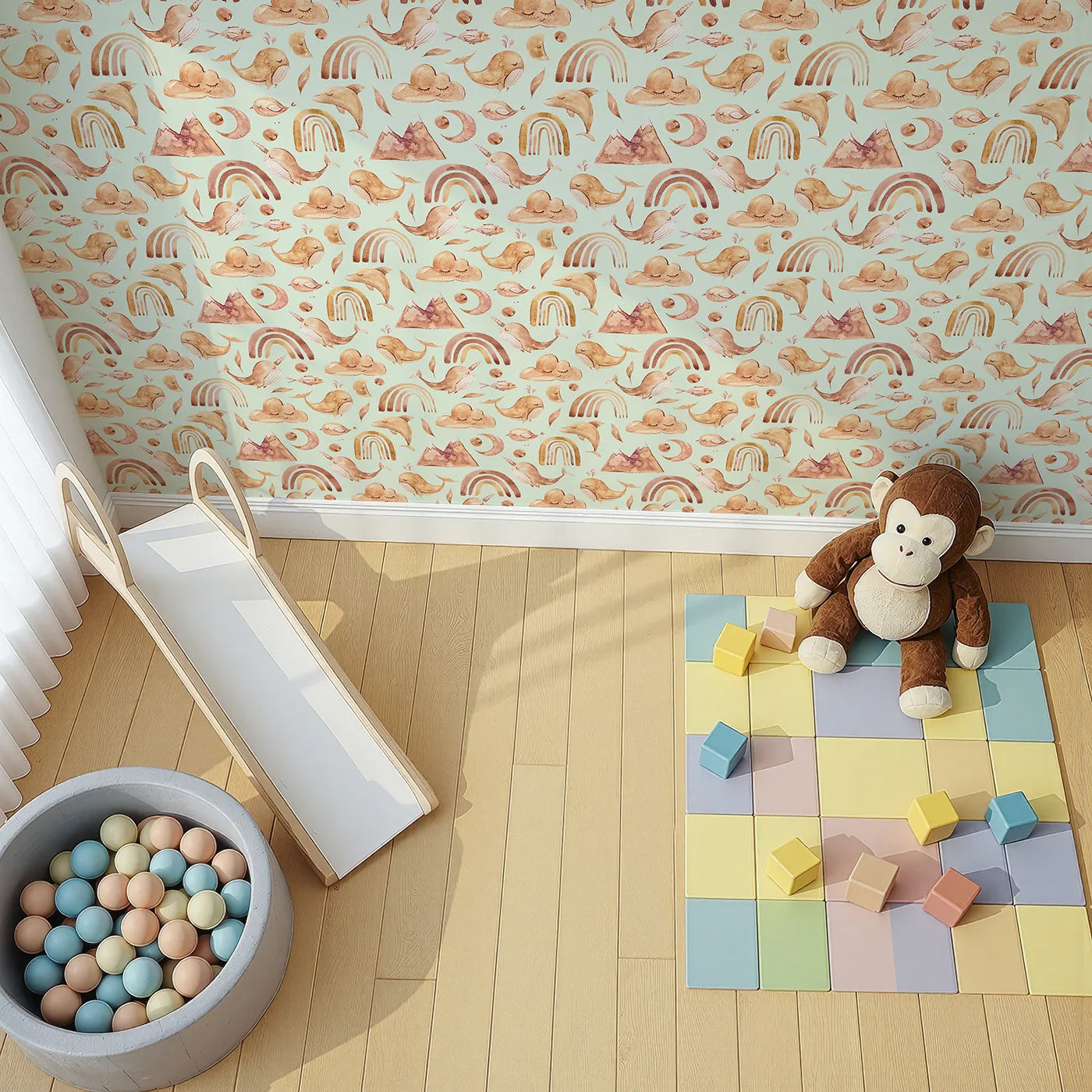 Top-Down view of Whimsy Tots' Whimsical Earth Friends Wallpaper in Mint Green (W3371D).Watercolor whales and sleepy moons drift across a fresh mint sky.