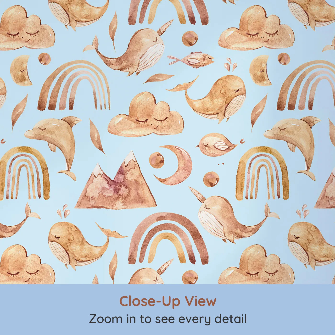 Close-up view of Whimsy Tots' Whimsical Earth Friends Wallpaper in Sky Blue (W3371E).Gentle whales, clouds, and rainbows float peacefully on a baby blue sky.