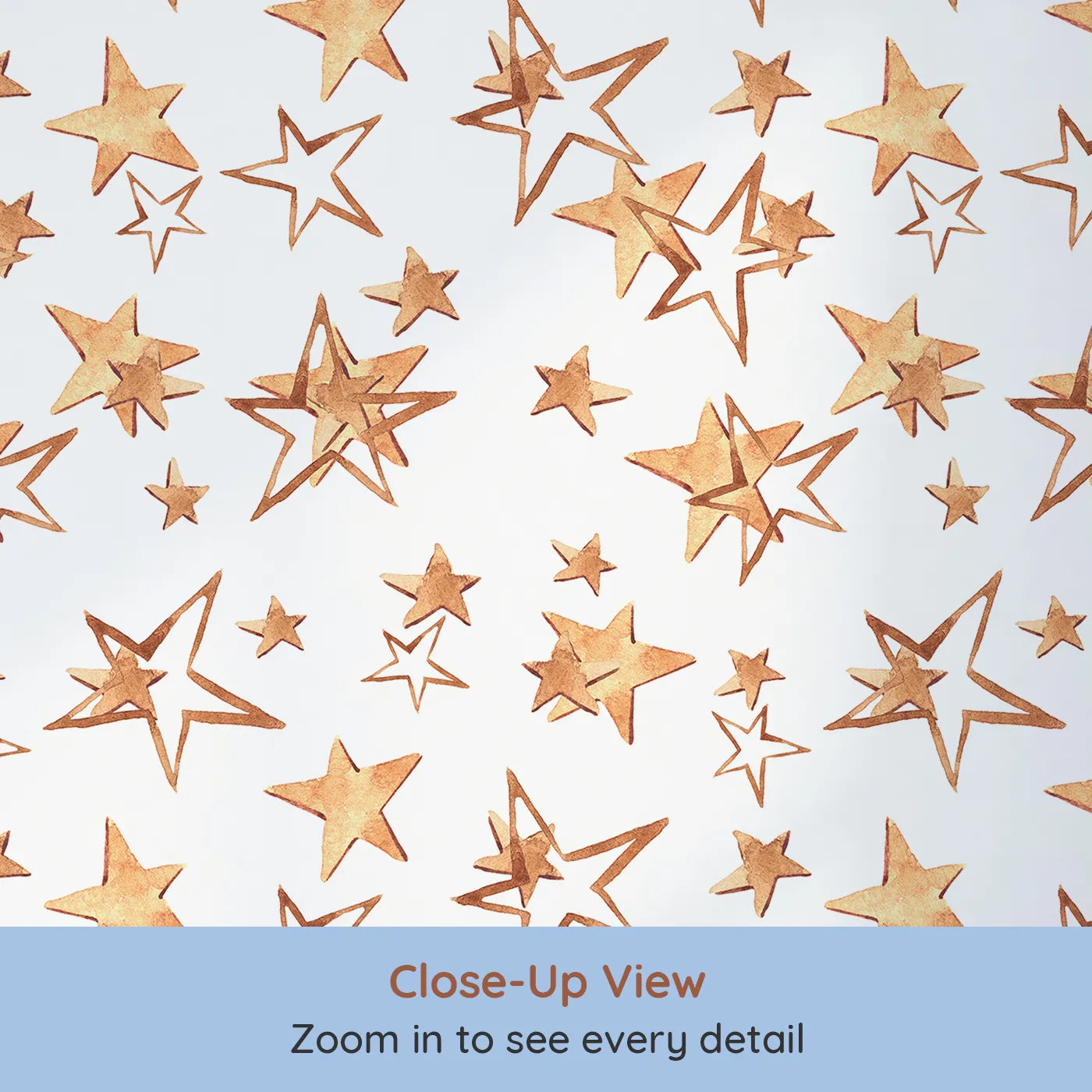 Close-up view of Whimsy Tots' Golden Star Scatter Wallpaper in White (W3372A).Hand-painted stars dance across a bright white sky in golden watercolor tones.