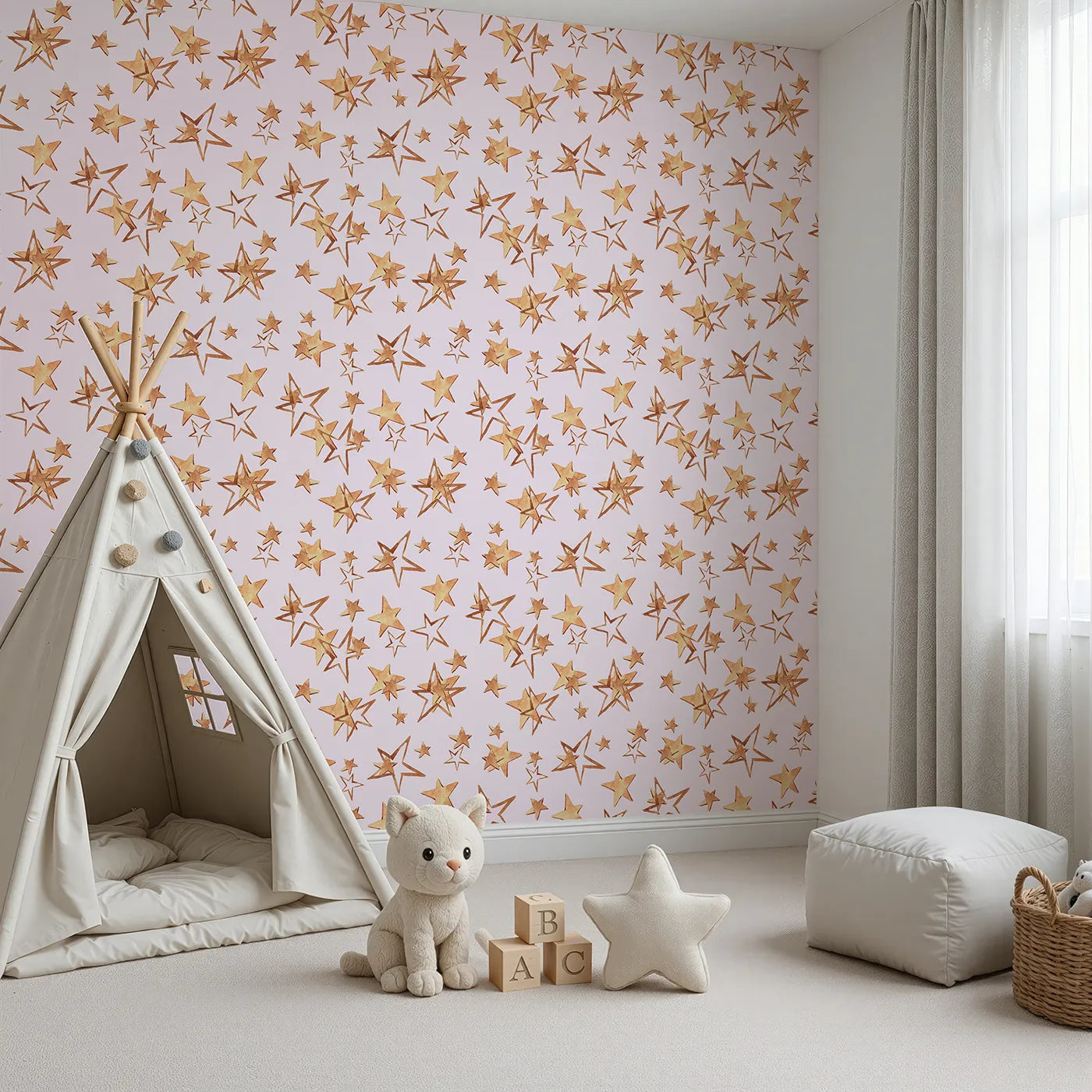 Angled view of Whimsy Tots' Golden Star Scatter Wallpaper in Blush (W3372B).Golden stars twinkle across a soft blush pink sky in a dreamy watercolor rhythm.