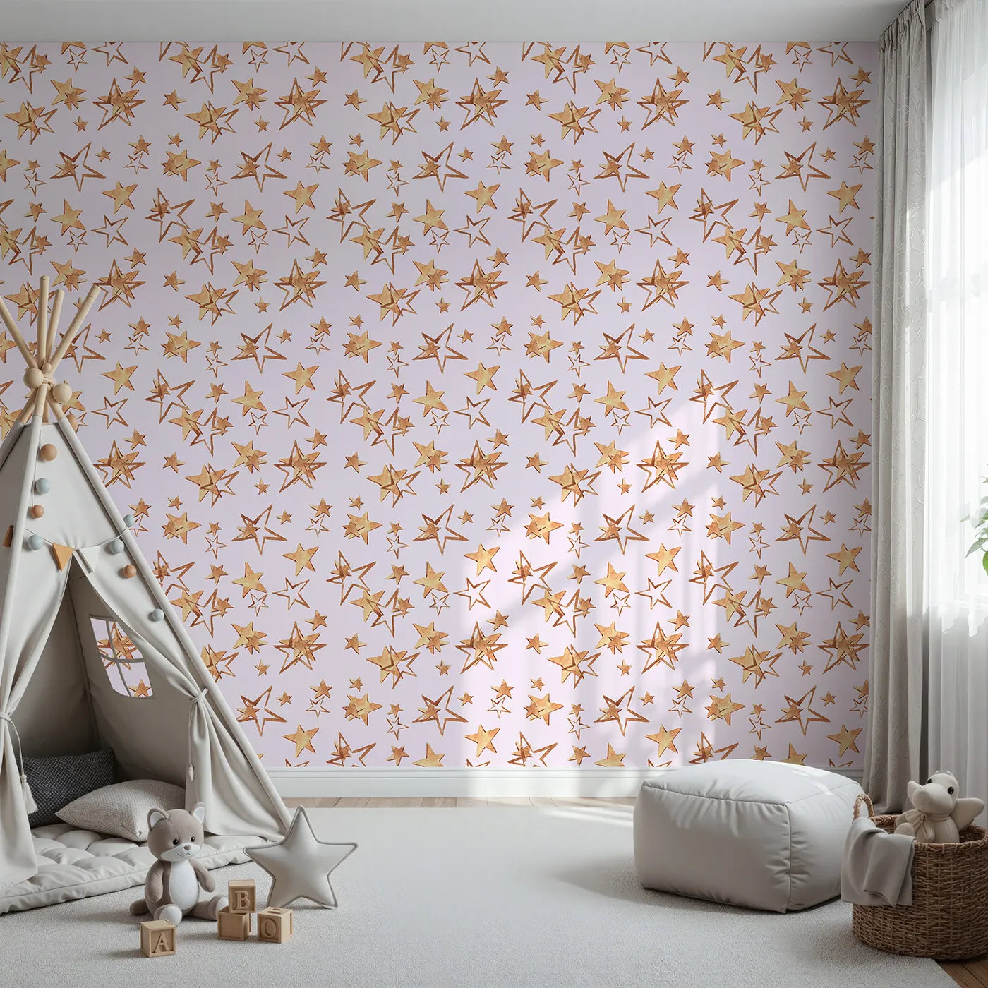 Front view of Whimsy Tots' Golden Star Scatter Wallpaper in Blush