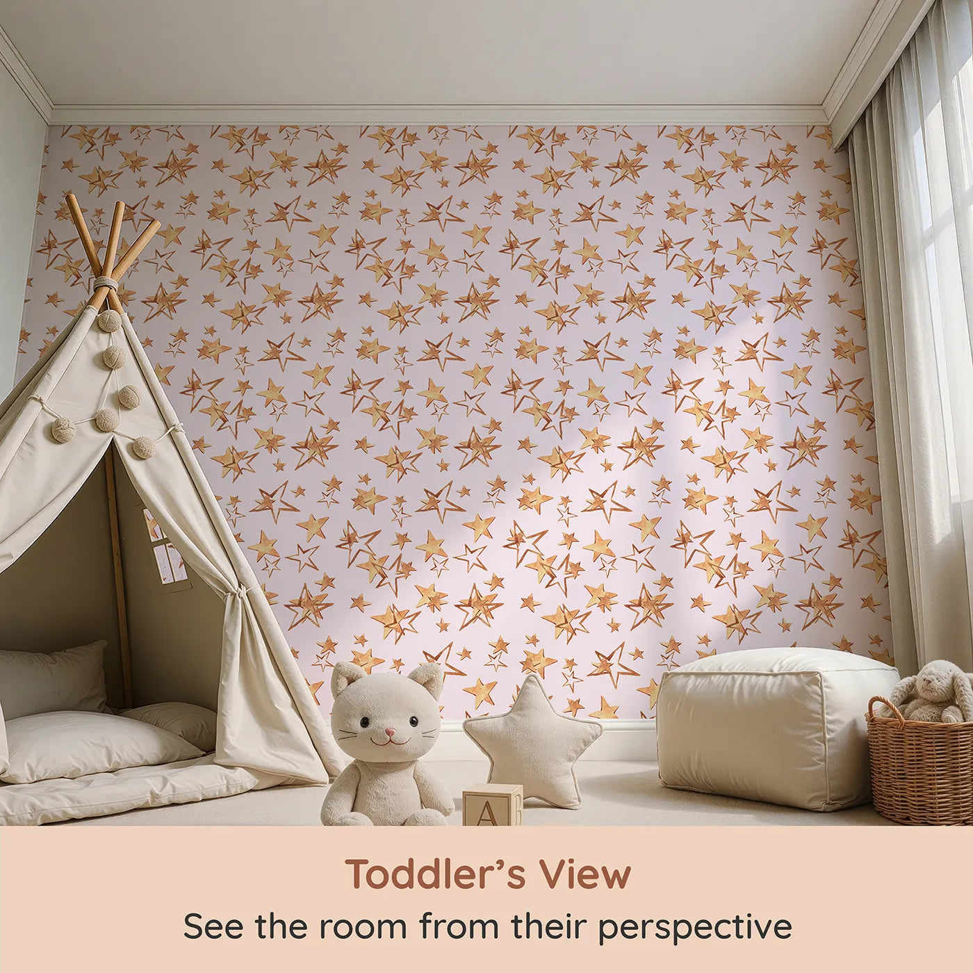Whimsy Tots Golden Star Scatter Wallpaper in Blush (W3372B) from your child's view.Golden stars twinkle across a soft blush pink sky in a dreamy watercolor rhythm.