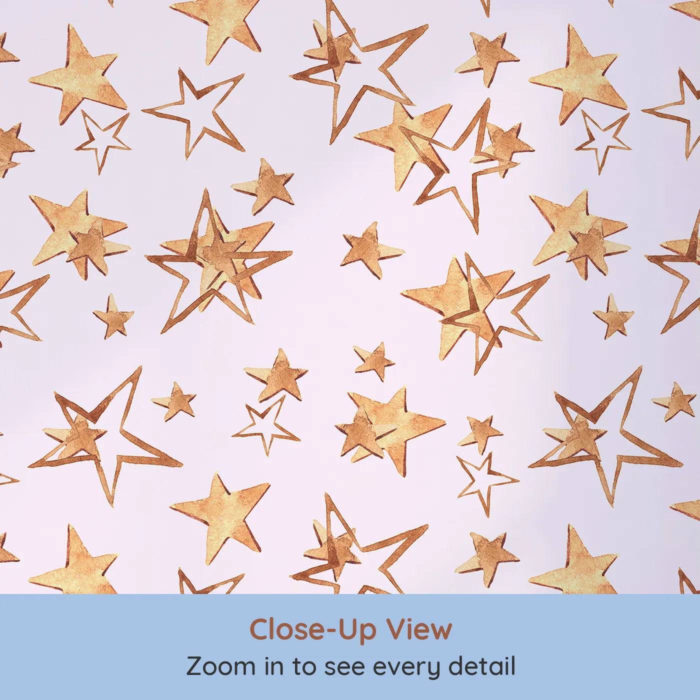 Close-up view of Whimsy Tots' Golden Star Scatter Wallpaper in Blush (W3372B).Golden stars twinkle across a soft blush pink sky in a dreamy watercolor rhythm.