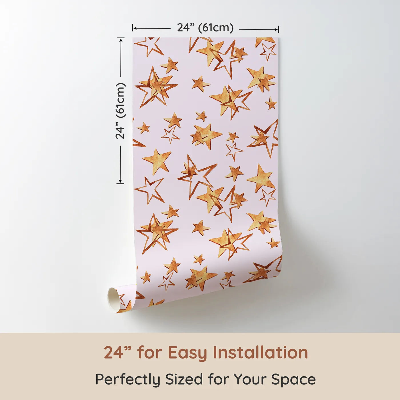 Dimension view of Whimsy Tots Golden Star Scatter Wallpaper in Blush (W3372B). Printed in 24-inch-wide panel for easy installation. Golden stars twinkle across a soft blush pink sky in a dreamy watercolor rhythm.