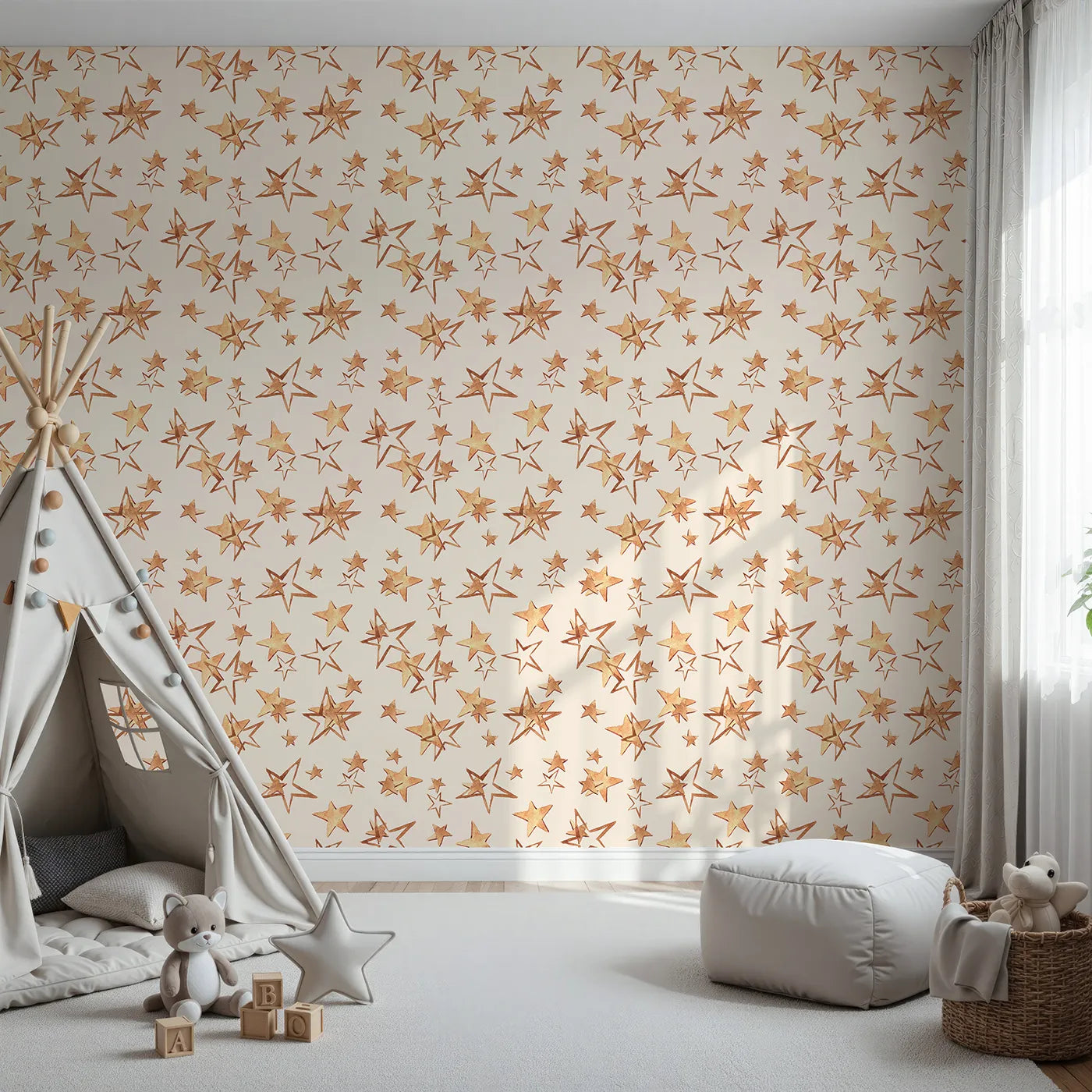 Front view of Whimsy Tots' Golden Star Scatter Wallpaper in Cream