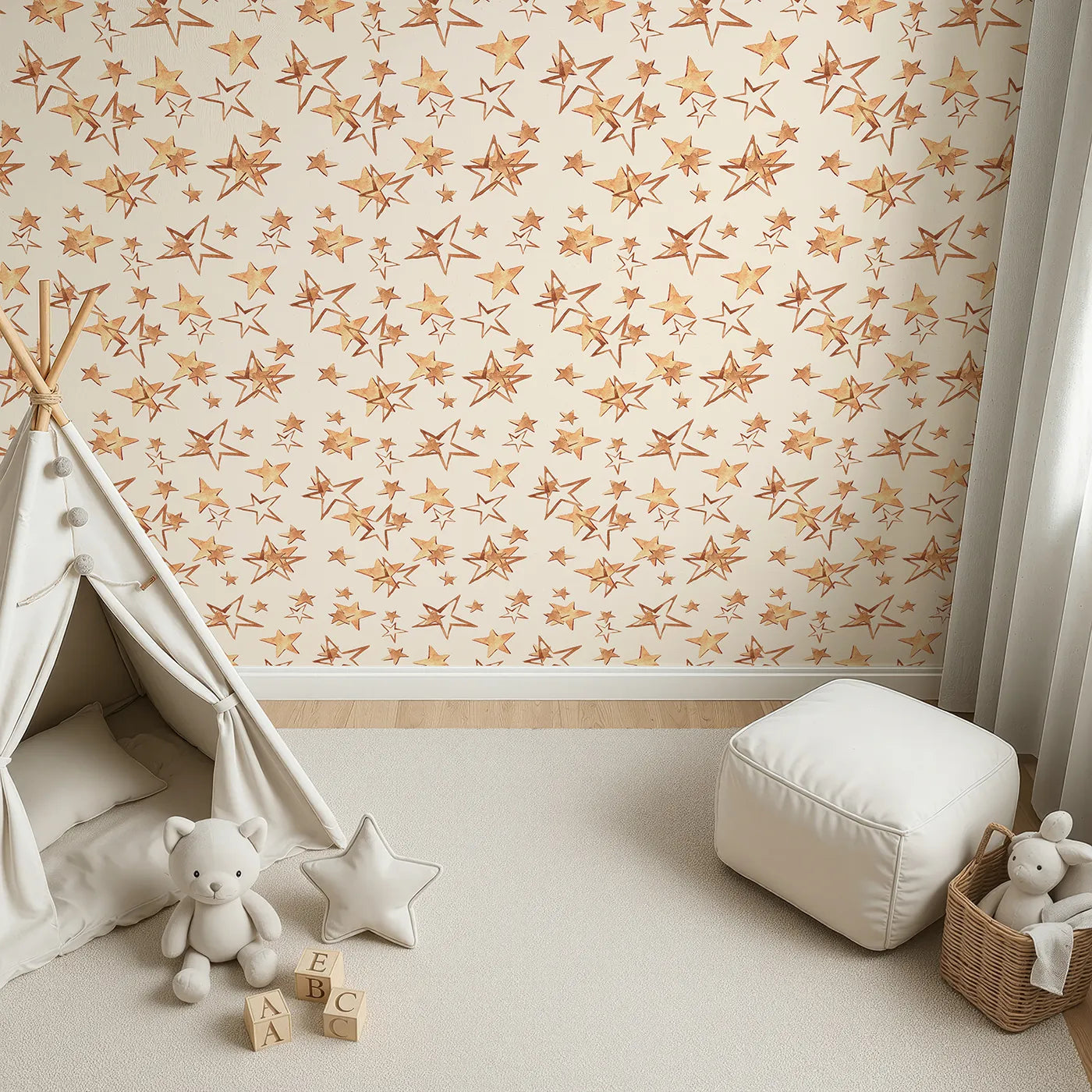 Top-Down view of Whimsy Tots' Golden Star Scatter Wallpaper in Cream (W3372C).Watercolor stars glow gently across a cozy cream sky.