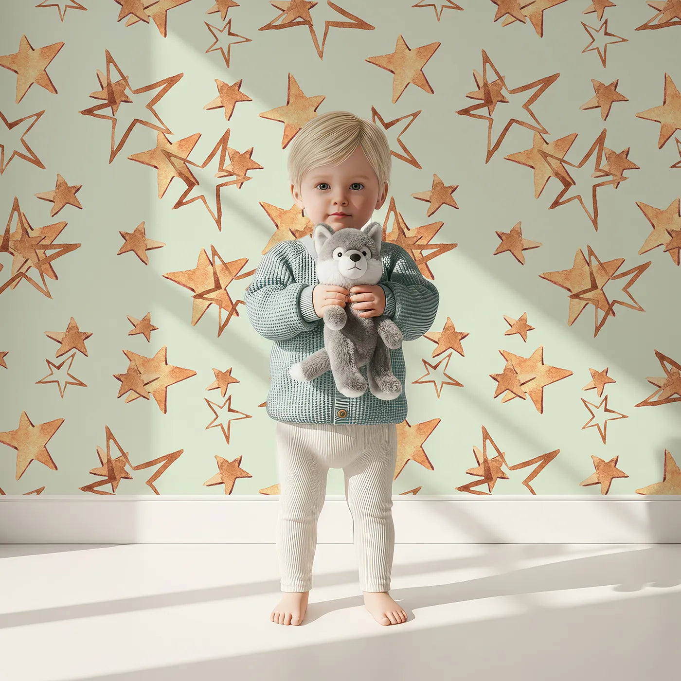 Lovely child standing in front of Whimsy Tots Golden Star Scatter Wallpaper in Mint with star in design.