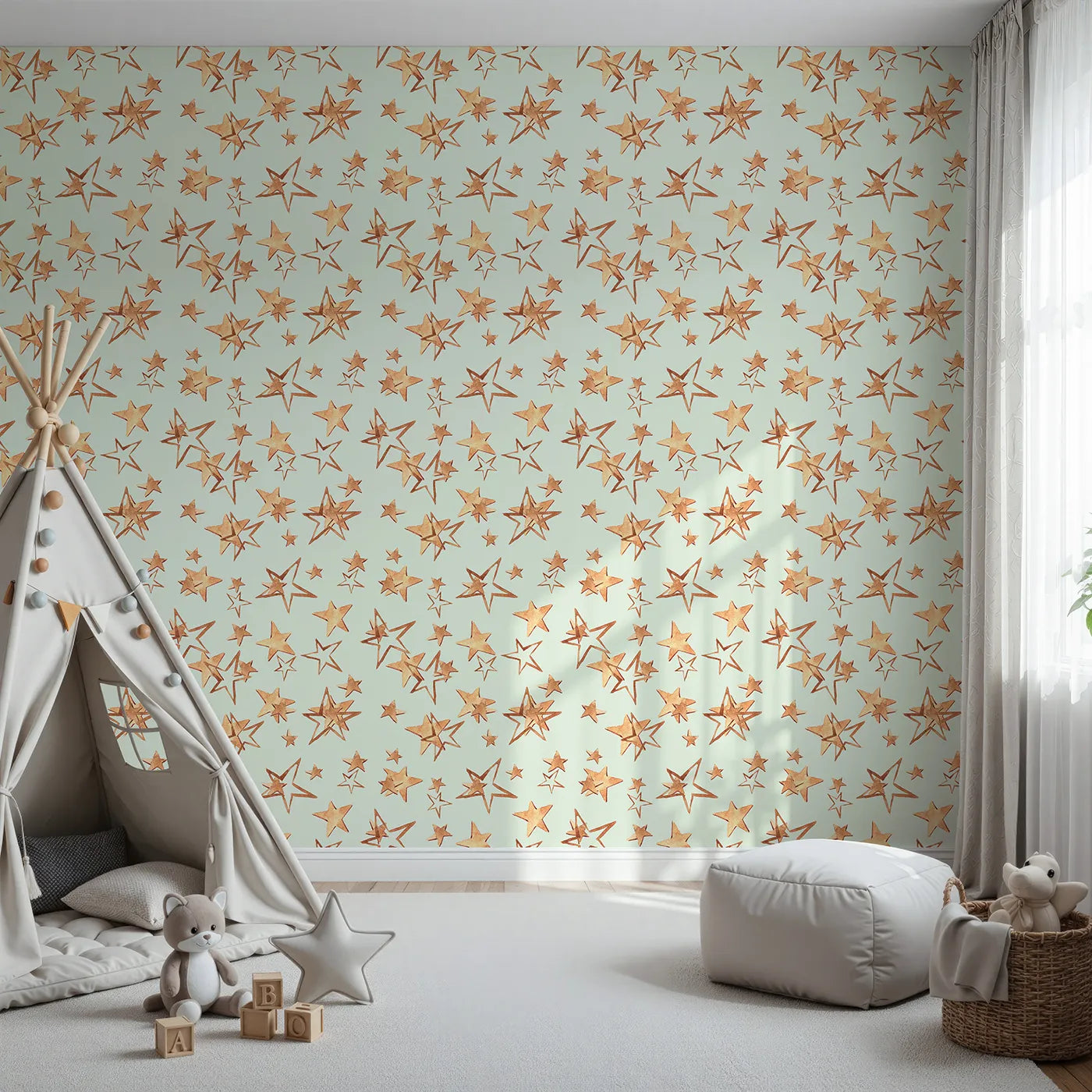 Front view of Whimsy Tots' Golden Star Scatter Wallpaper in Mint
