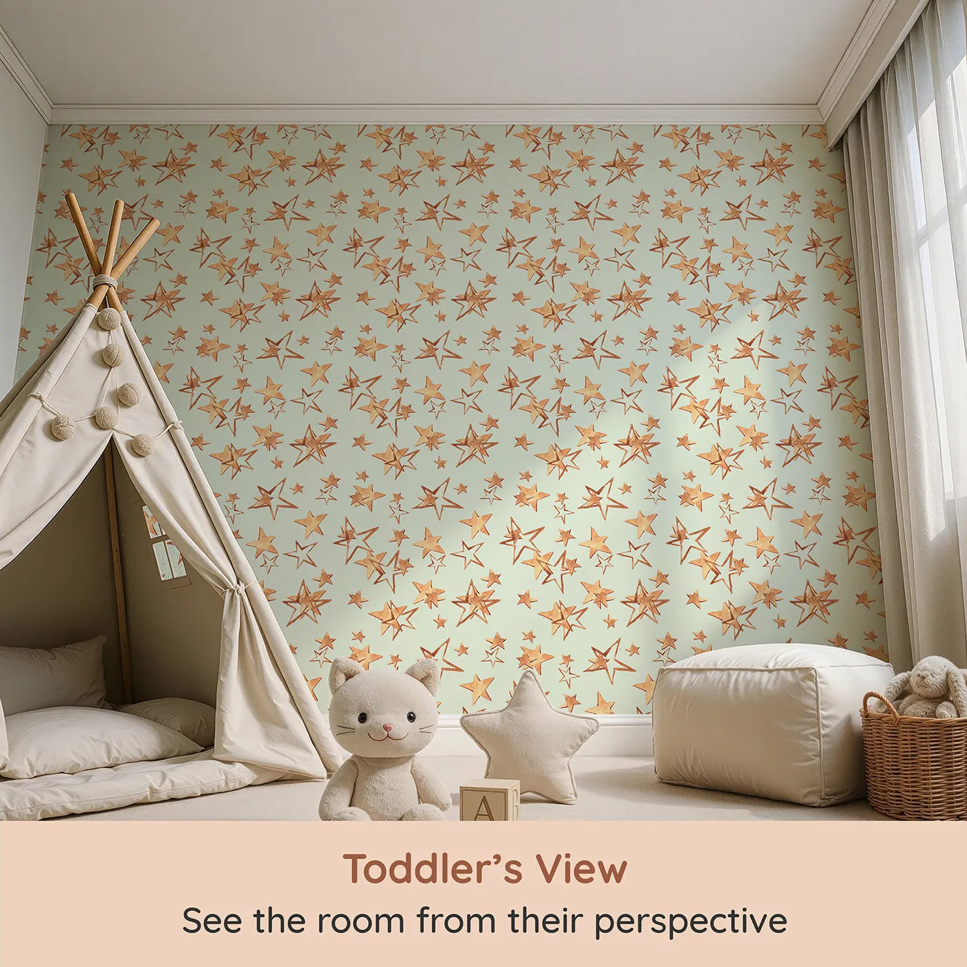 Whimsy Tots Golden Star Scatter Wallpaper in Mint (W3372D) from your child's view.Golden stars twinkle gently on a fresh mint backdrop, full of calm and wonder.