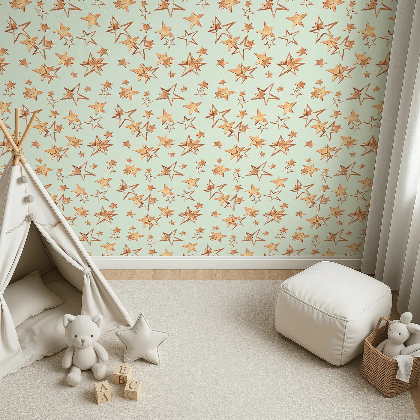 Top-Down view of Whimsy Tots' Golden Star Scatter Wallpaper in Mint (W3372D).Golden stars twinkle gently on a fresh mint backdrop, full of calm and wonder.