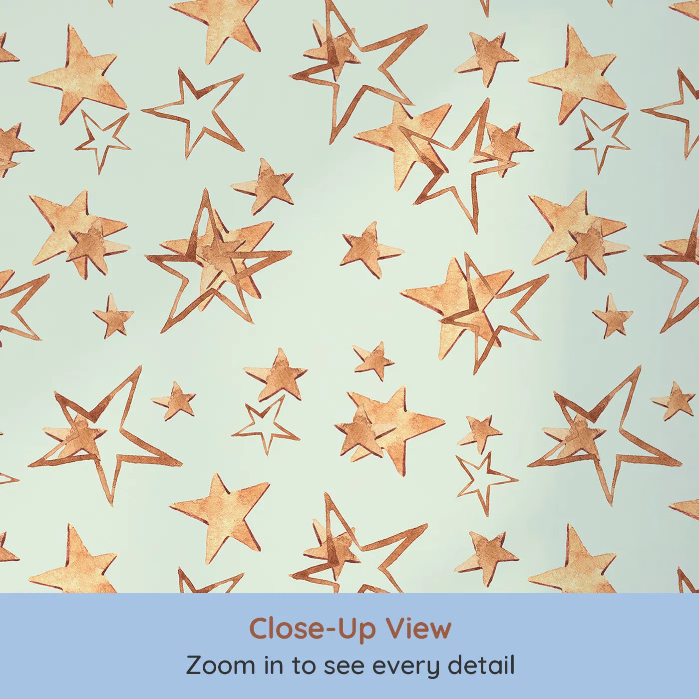 Close-up view of Whimsy Tots' Golden Star Scatter Wallpaper in Mint (W3372D).Golden stars twinkle gently on a fresh mint backdrop, full of calm and wonder.