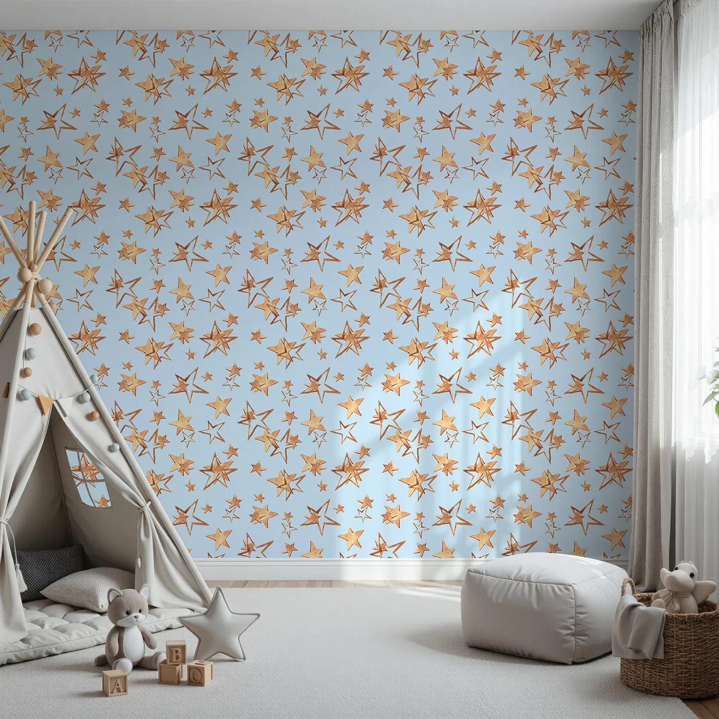 Front view of Whimsy Tots' Golden Star Scatter Wallpaper in Sky Blue