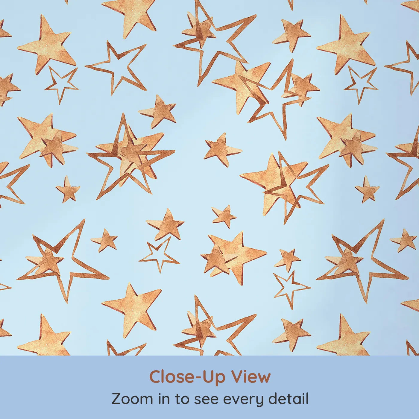 Close-up view of Whimsy Tots' Golden Star Scatter Wallpaper in Sky Blue (W3372E).Warm golden stars scatter across a cheerful baby blue sky.