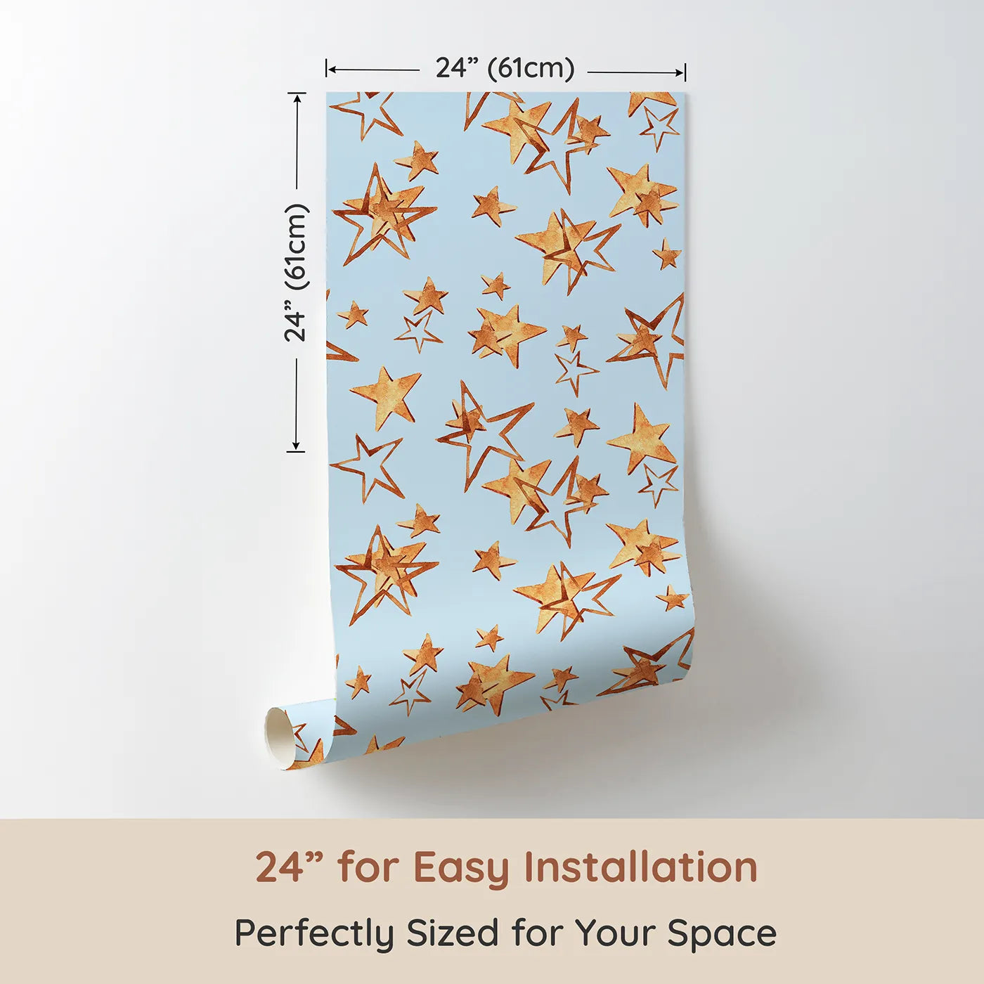 Dimension view of Whimsy Tots Golden Star Scatter Wallpaper in Sky Blue (W3372E). Printed in 24-inch-wide panel for easy installation. Warm golden stars scatter across a cheerful baby blue sky.