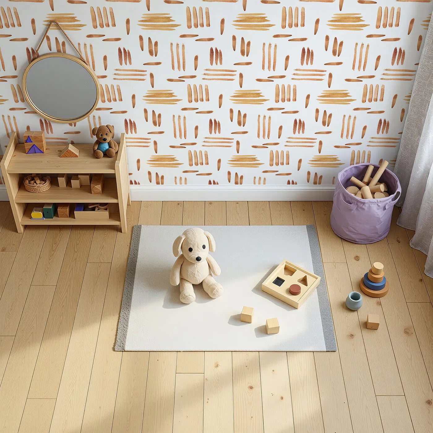 Top-Down view of Whimsy Tots' Painted Rhythm Wallpaper in White (W3373A).Soft watercolor brushstrokes form a soothing rhythm across a clean white sky.