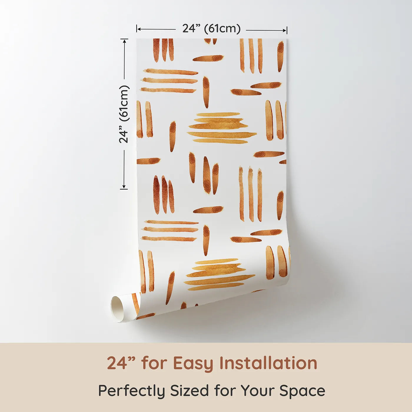 Dimension view of Whimsy Tots Painted Rhythm Wallpaper in White (W3373A). Printed in 24-inch-wide panel for easy installation. Soft watercolor brushstrokes form a soothing rhythm across a clean white sky.