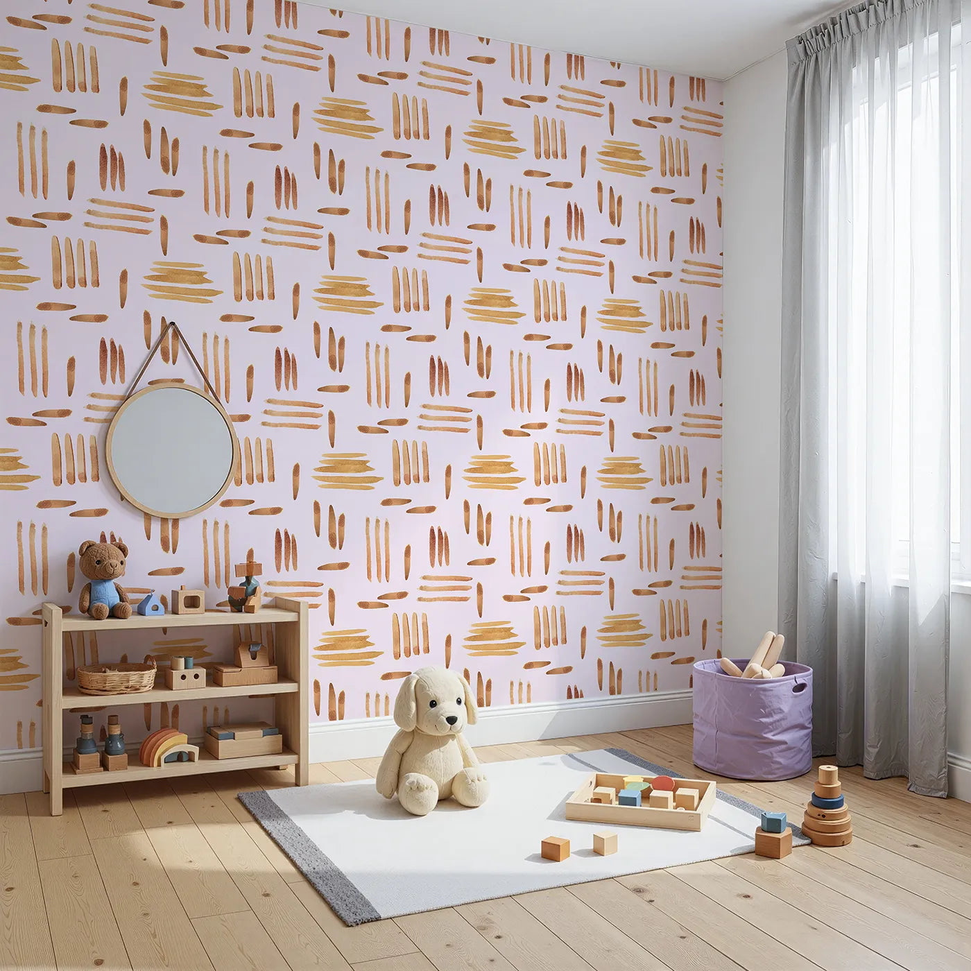 Angled view of Whimsy Tots' Painted Rhythm Wallpaper in Blush Pink (W3373B).Earthy brushstrokes dance gently across a soft pink sky.
