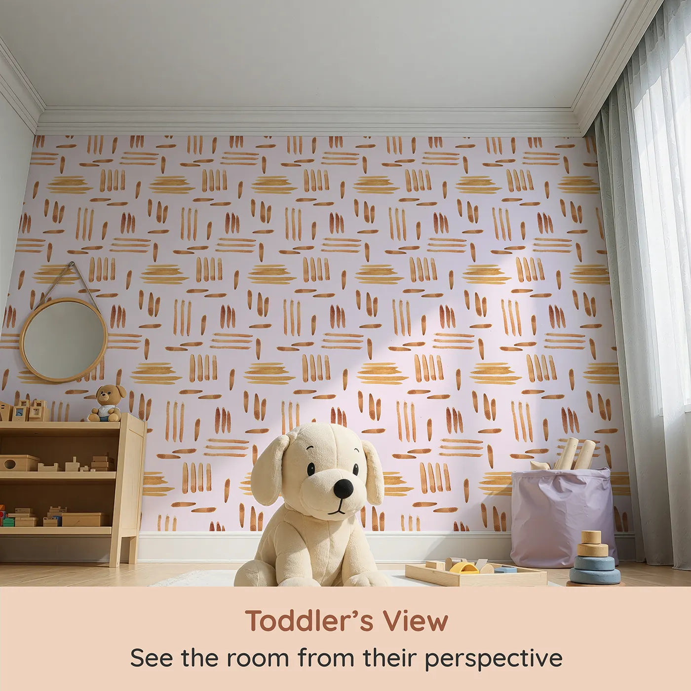 Whimsy Tots Painted Rhythm Wallpaper in Blush Pink (W3373B) from your child's view.Earthy brushstrokes dance gently across a soft pink sky.