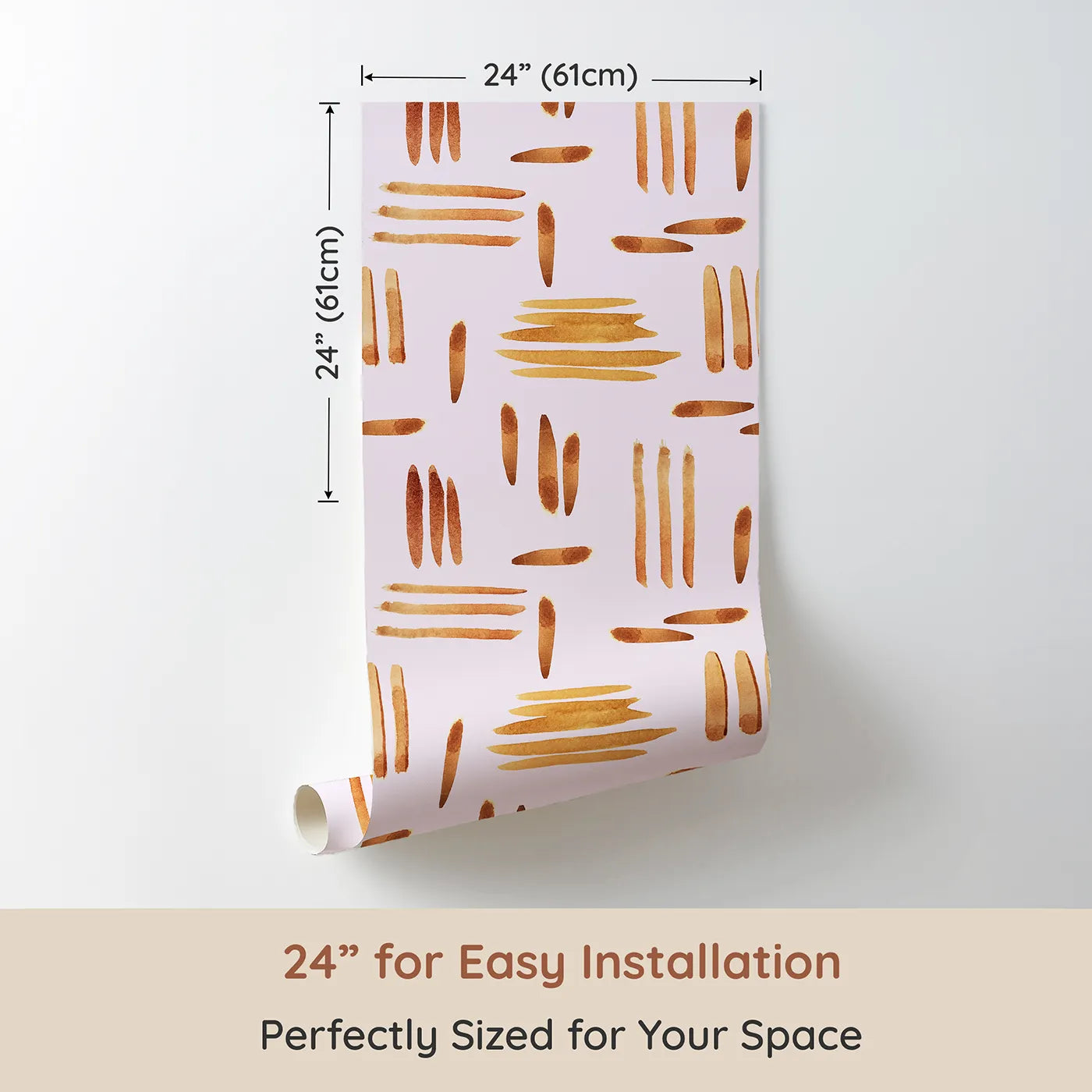 Dimension view of Whimsy Tots Painted Rhythm Wallpaper in Blush Pink (W3373B). Printed in 24-inch-wide panel for easy installation. Earthy brushstrokes dance gently across a soft pink sky.