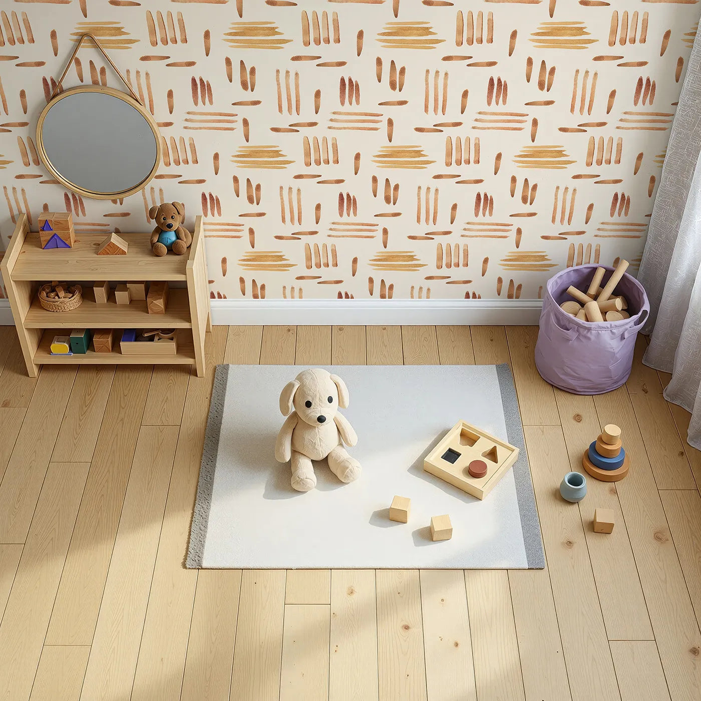 Top-Down view of Whimsy Tots' Painted Rhythm Wallpaper in Cream (W3373C).Earthy brushstrokes form a relaxed, balanced rhythm across a warm cream sky.