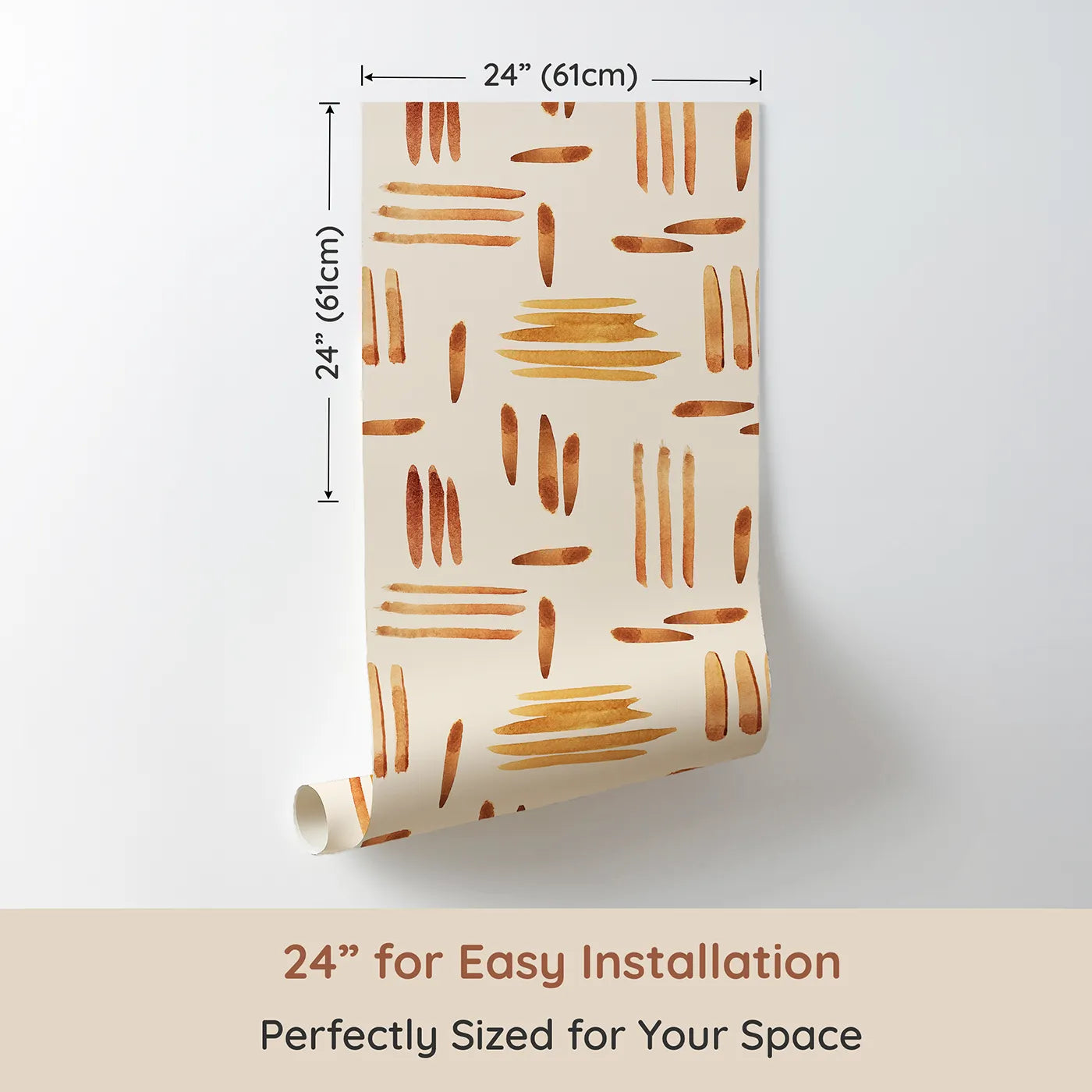 Dimension view of Whimsy Tots Painted Rhythm Wallpaper in Cream (W3373C). Printed in 24-inch-wide panel for easy installation. Earthy brushstrokes form a relaxed, balanced rhythm across a warm cream sky.