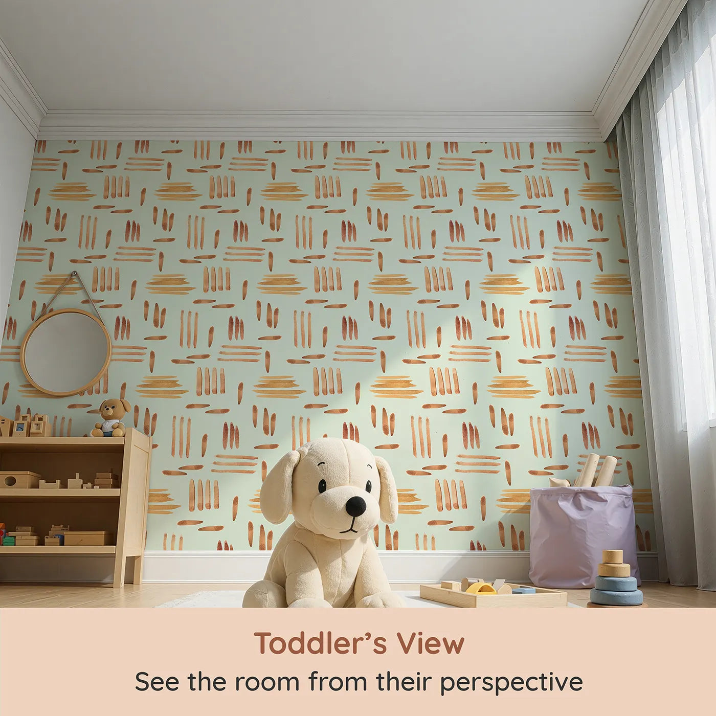 Whimsy Tots Painted Rhythm Wallpaper in Mint Green (W3373D) from your child's view.Golden brushstrokes dance gently across a pale mint green sky.