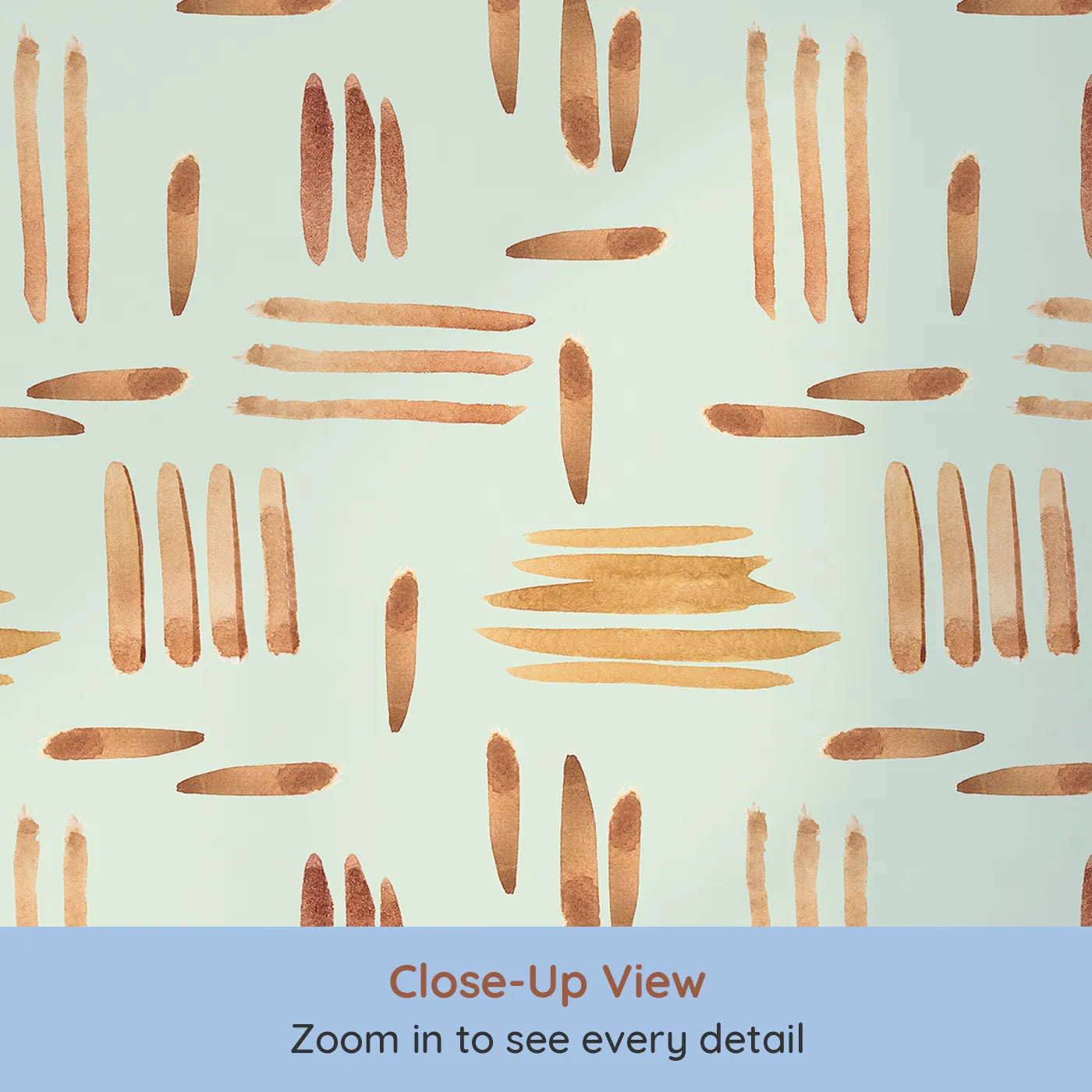 Close-up view of Whimsy Tots' Painted Rhythm Wallpaper in Mint Green (W3373D).Golden brushstrokes dance gently across a pale mint green sky.