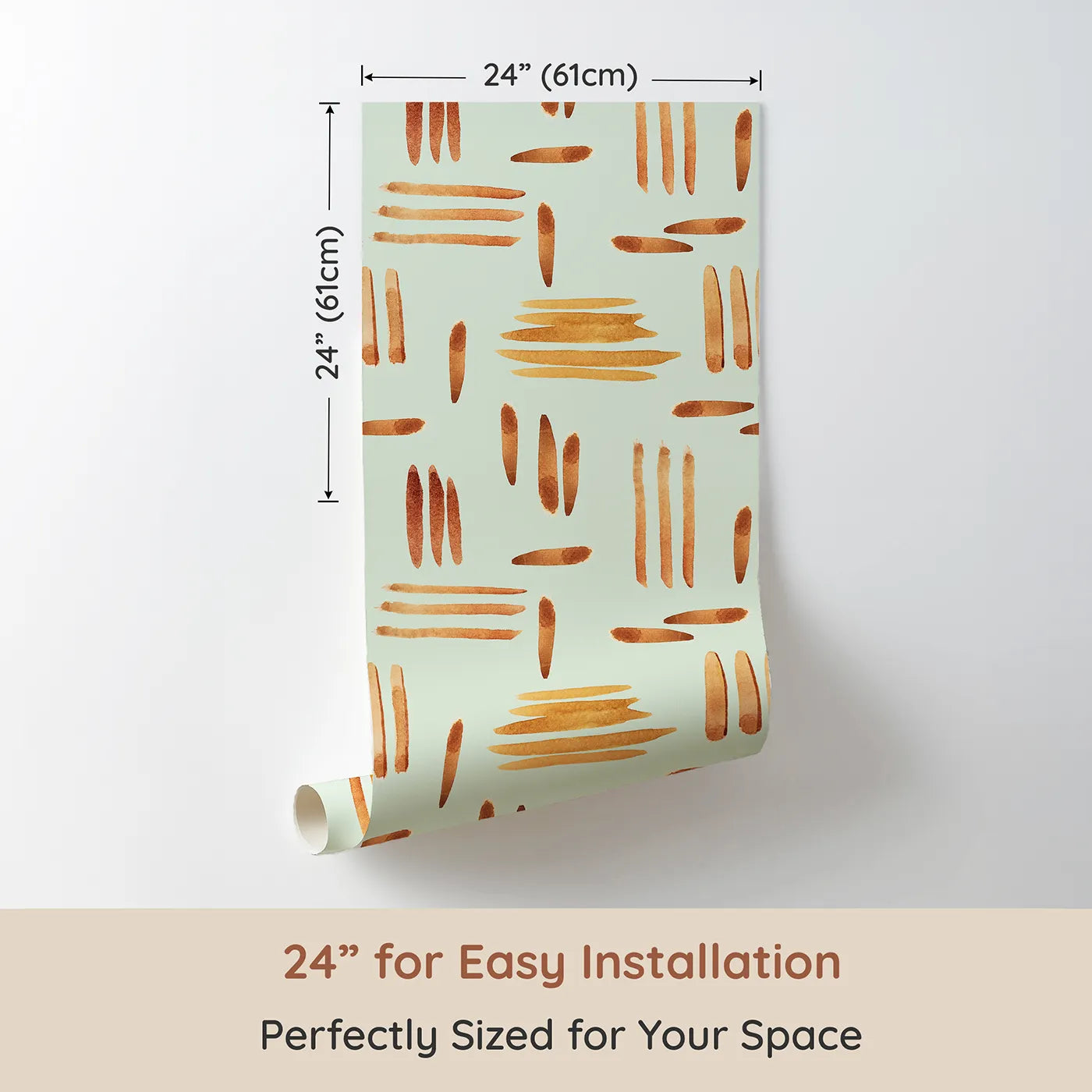 Dimension view of Whimsy Tots Painted Rhythm Wallpaper in Mint Green (W3373D). Printed in 24-inch-wide panel for easy installation. Golden brushstrokes dance gently across a pale mint green sky.