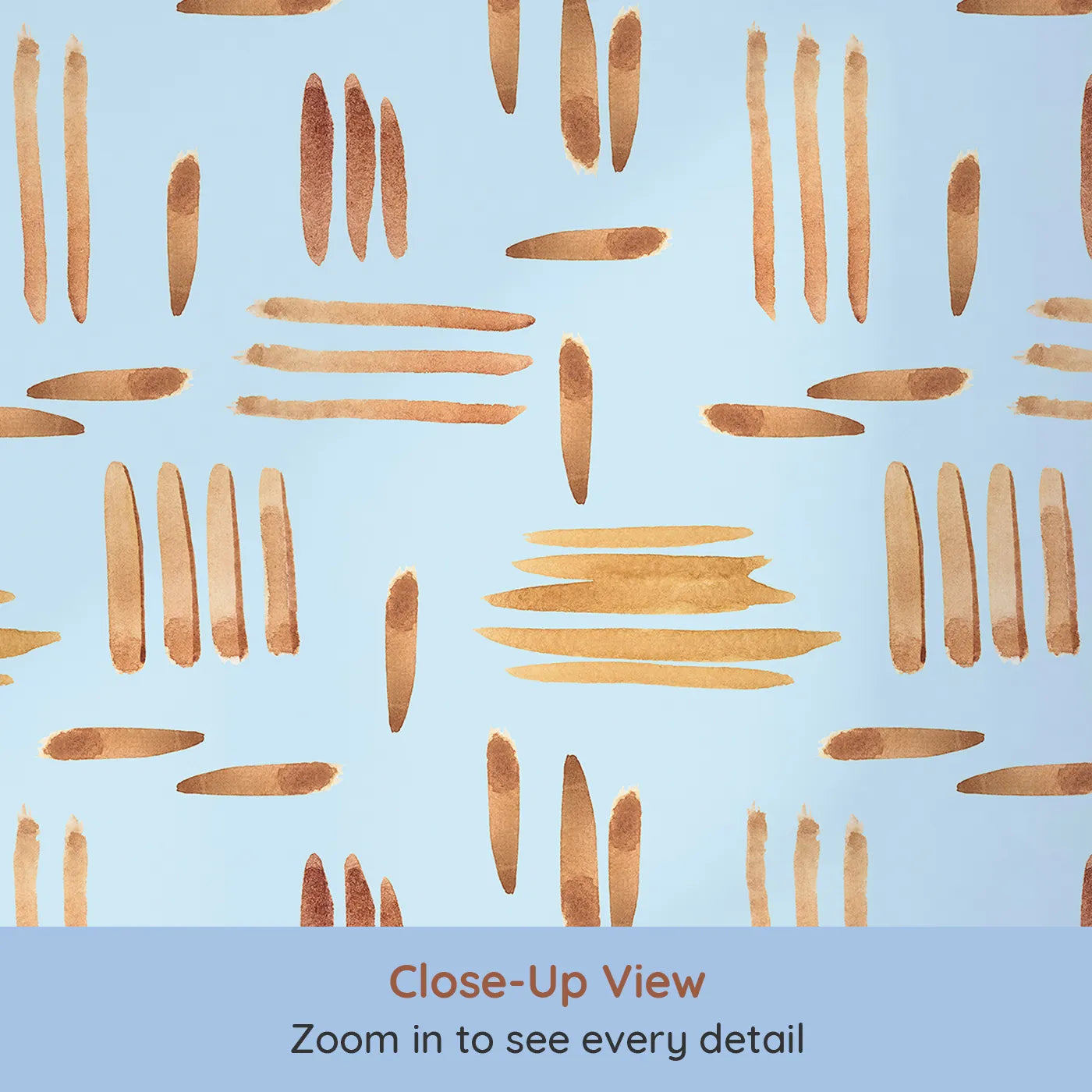 Close-up view of Whimsy Tots' Painted Rhythm Wallpaper in Sky Blue (W3373E).Golden brushstrokes drift gently across a playful sky blue backdrop.
