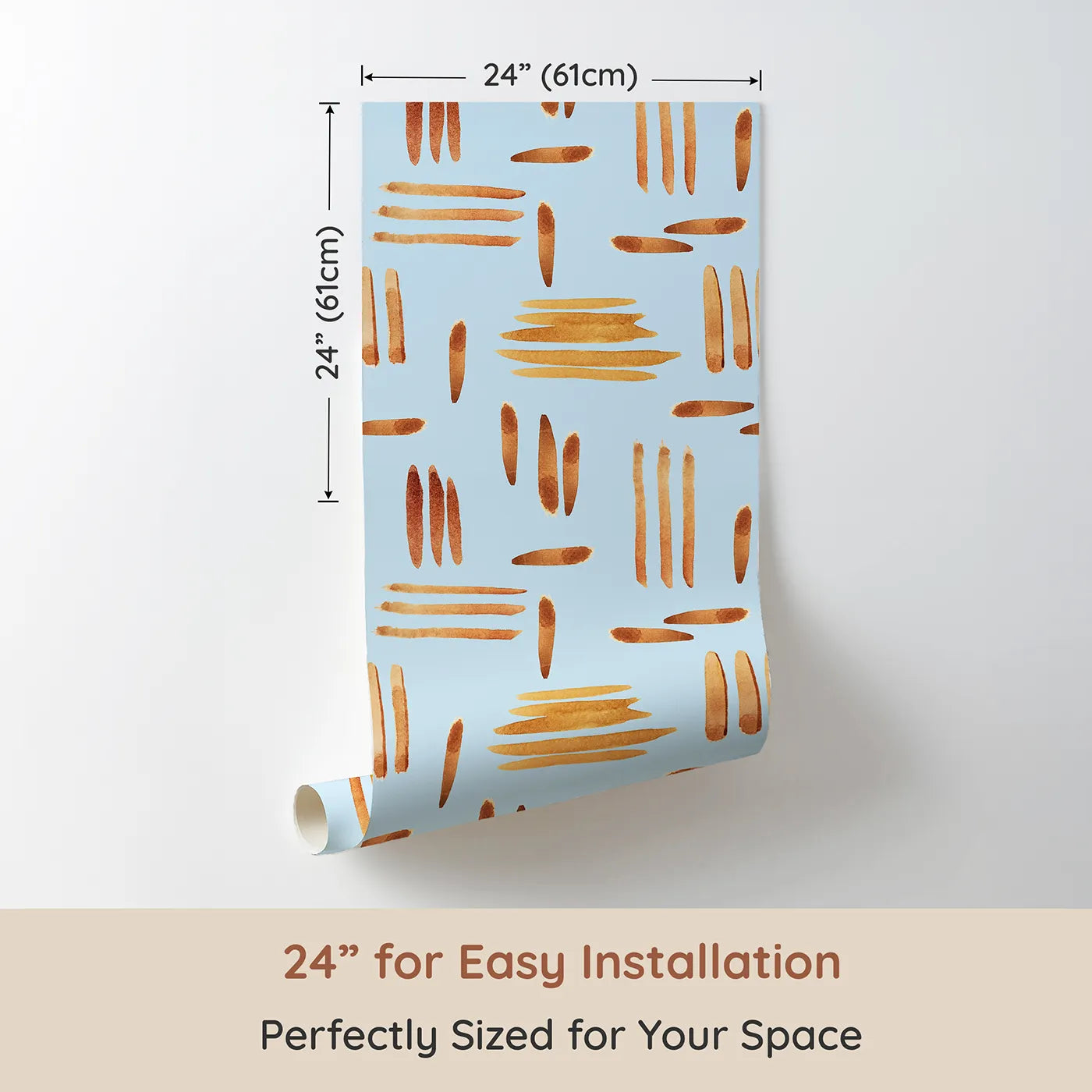 Dimension view of Whimsy Tots Painted Rhythm Wallpaper in Sky Blue (W3373E). Printed in 24-inch-wide panel for easy installation. Golden brushstrokes drift gently across a playful sky blue backdrop.