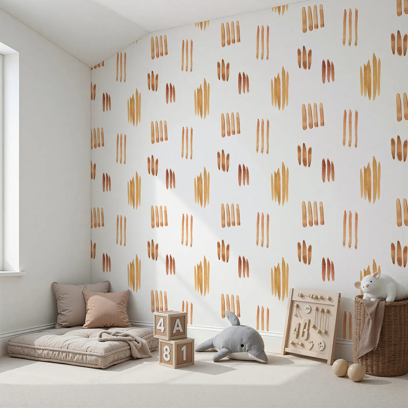 Angled view of Whimsy Tots' Painted Simplicity Wallpaper in White (W3374A).Earthy brushstrokes float gently on a crisp white sky.