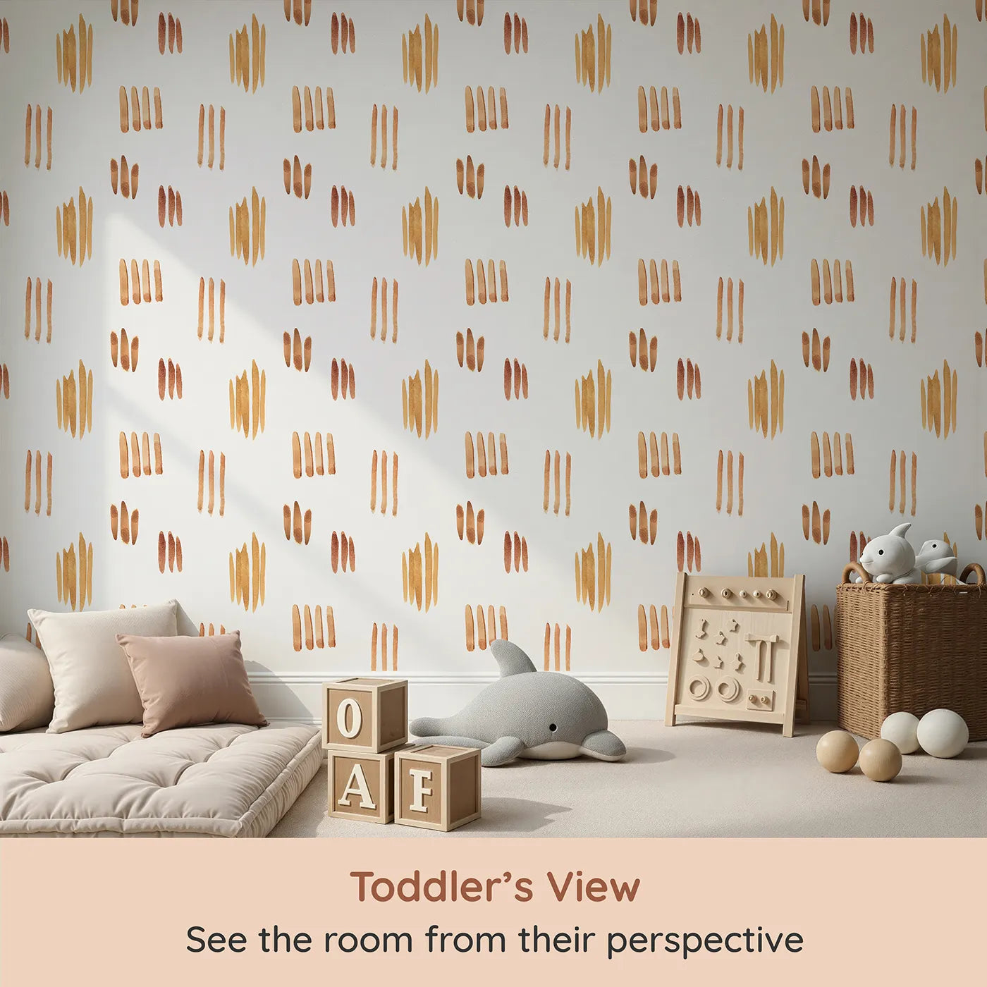 Whimsy Tots Painted Simplicity Wallpaper in White (W3374A) from your child's view.Earthy brushstrokes float gently on a crisp white sky.