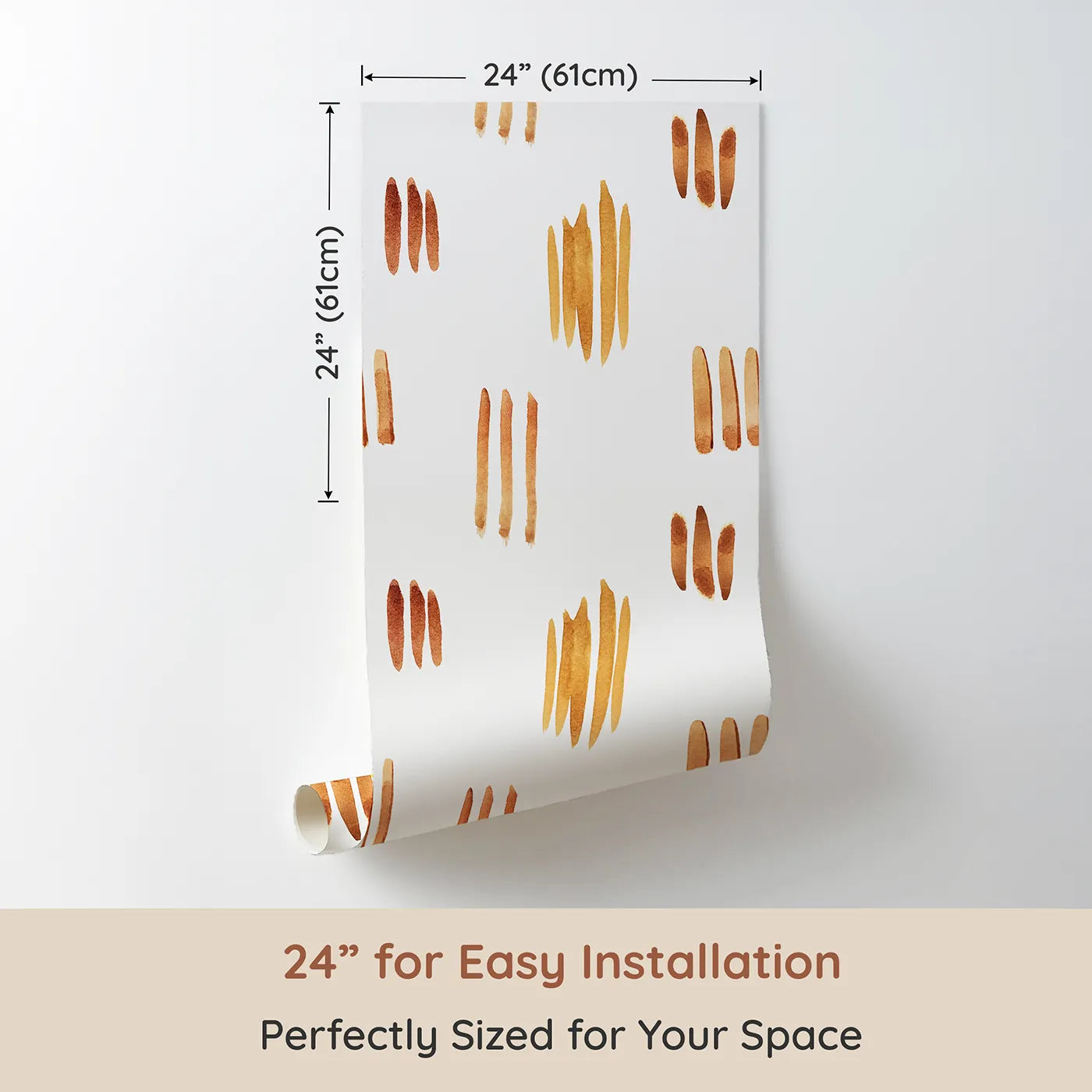 Dimension view of Whimsy Tots Painted Simplicity Wallpaper in White (W3374A). Printed in 24-inch-wide panel for easy installation. Earthy brushstrokes float gently on a crisp white sky.