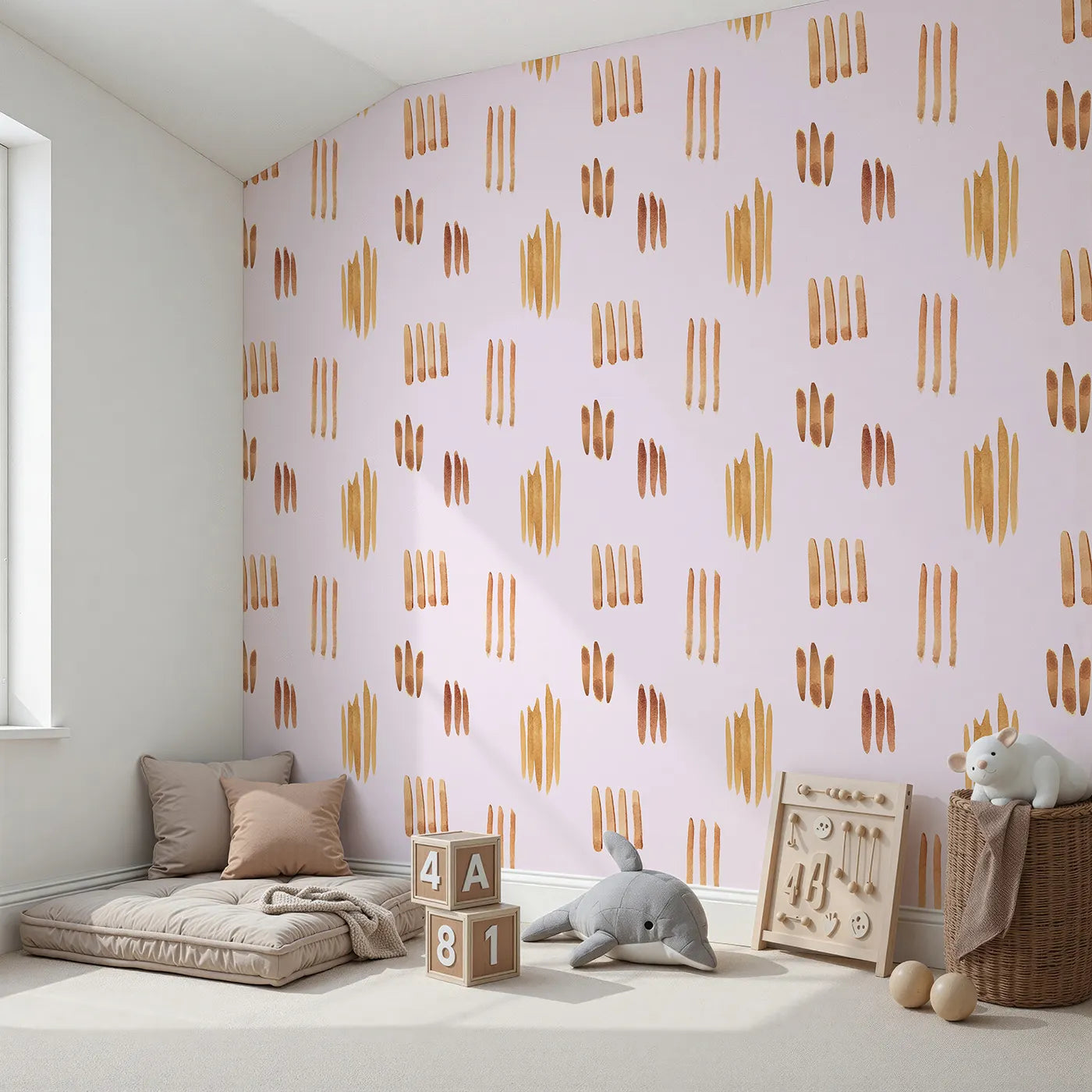 Angled view of Whimsy Tots' Painted Simplicity Wallpaper in Blush Pink (W3374B).Golden brushstrokes rest softly on a warm blush pink sky.