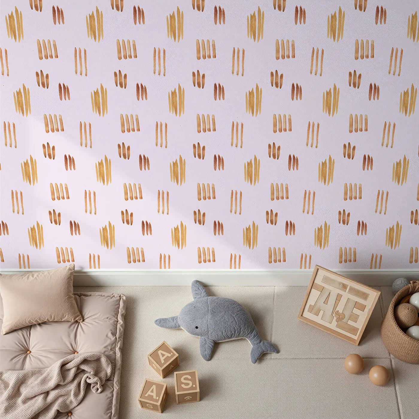Top-Down view of Whimsy Tots' Painted Simplicity Wallpaper in Blush Pink (W3374B).Golden brushstrokes rest softly on a warm blush pink sky.