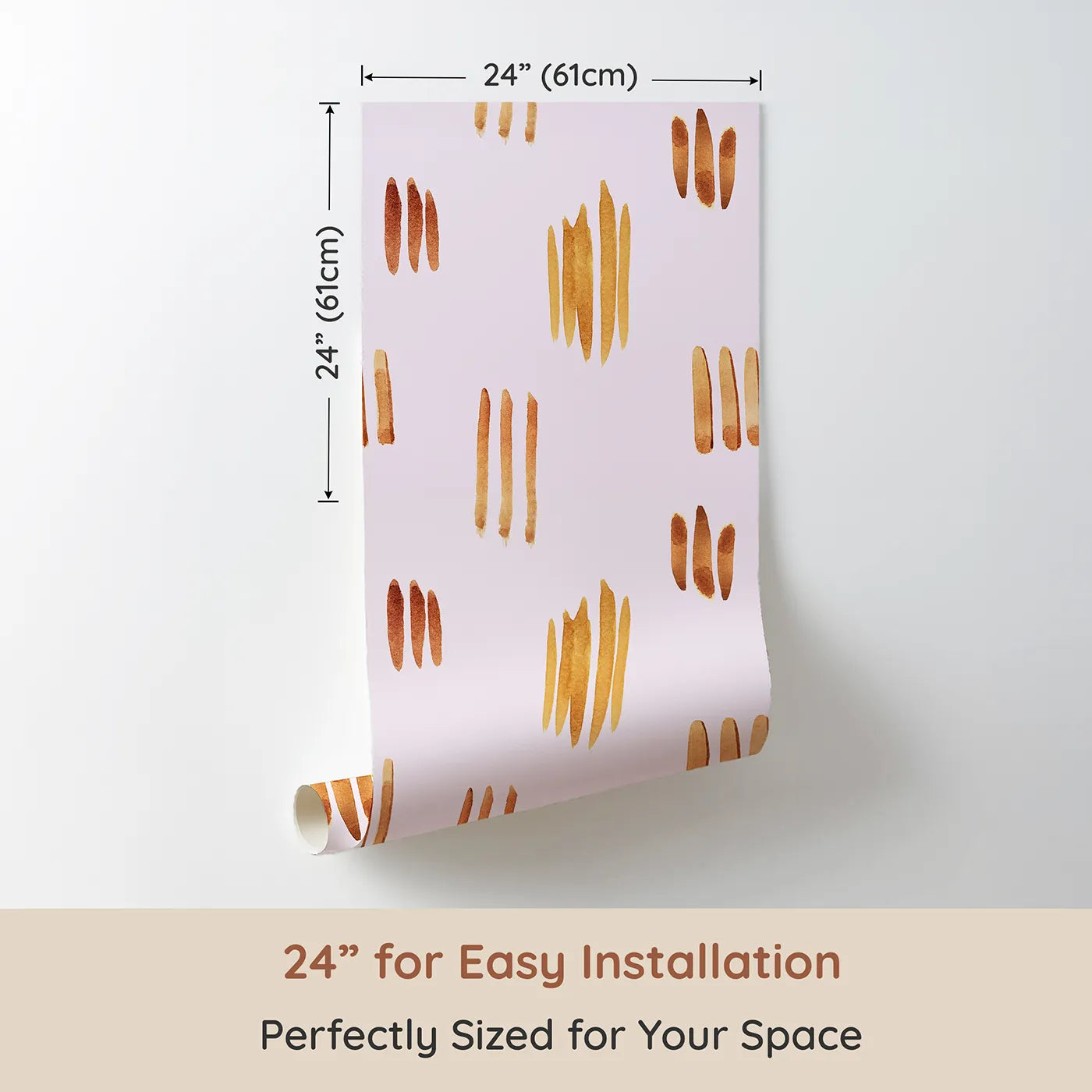 Dimension view of Whimsy Tots Painted Simplicity Wallpaper in Blush Pink (W3374B). Printed in 24-inch-wide panel for easy installation. Golden brushstrokes rest softly on a warm blush pink sky.