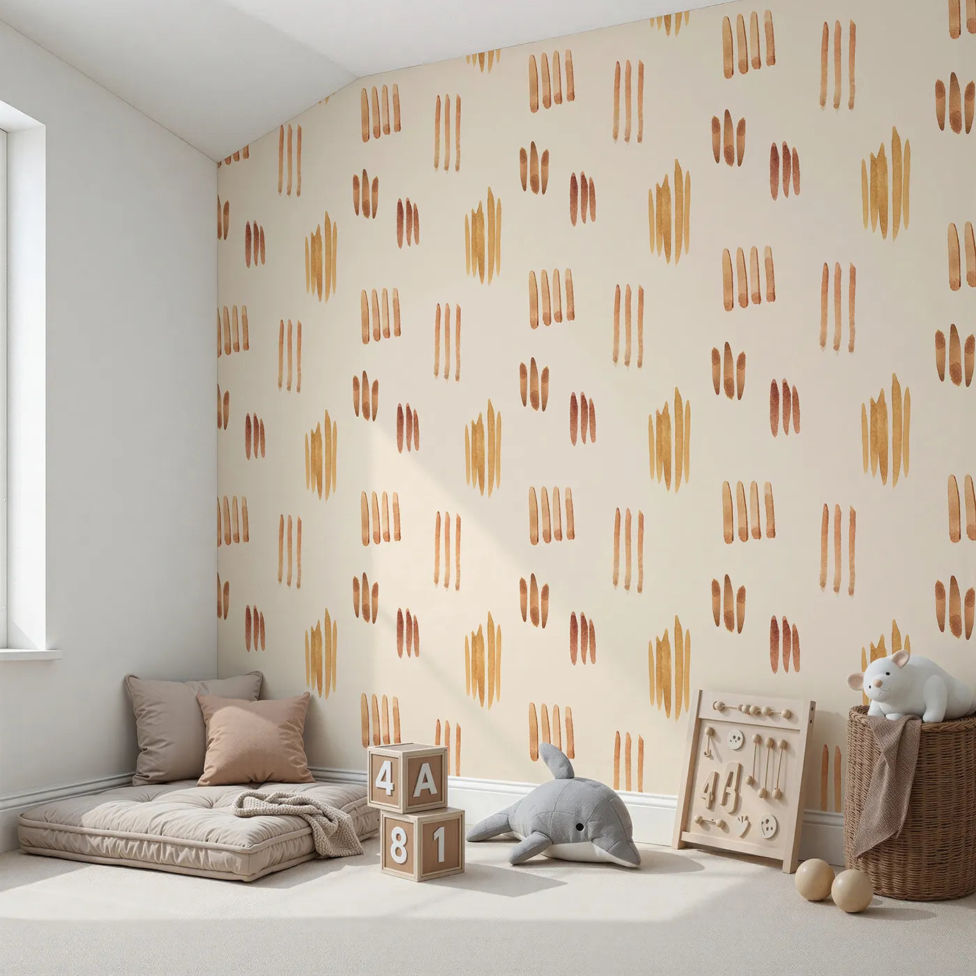 Angled view of Whimsy Tots' Painted Simplicity Wallpaper in Cream (W3374C).Warm brushstrokes float gently across a creamy backdrop.