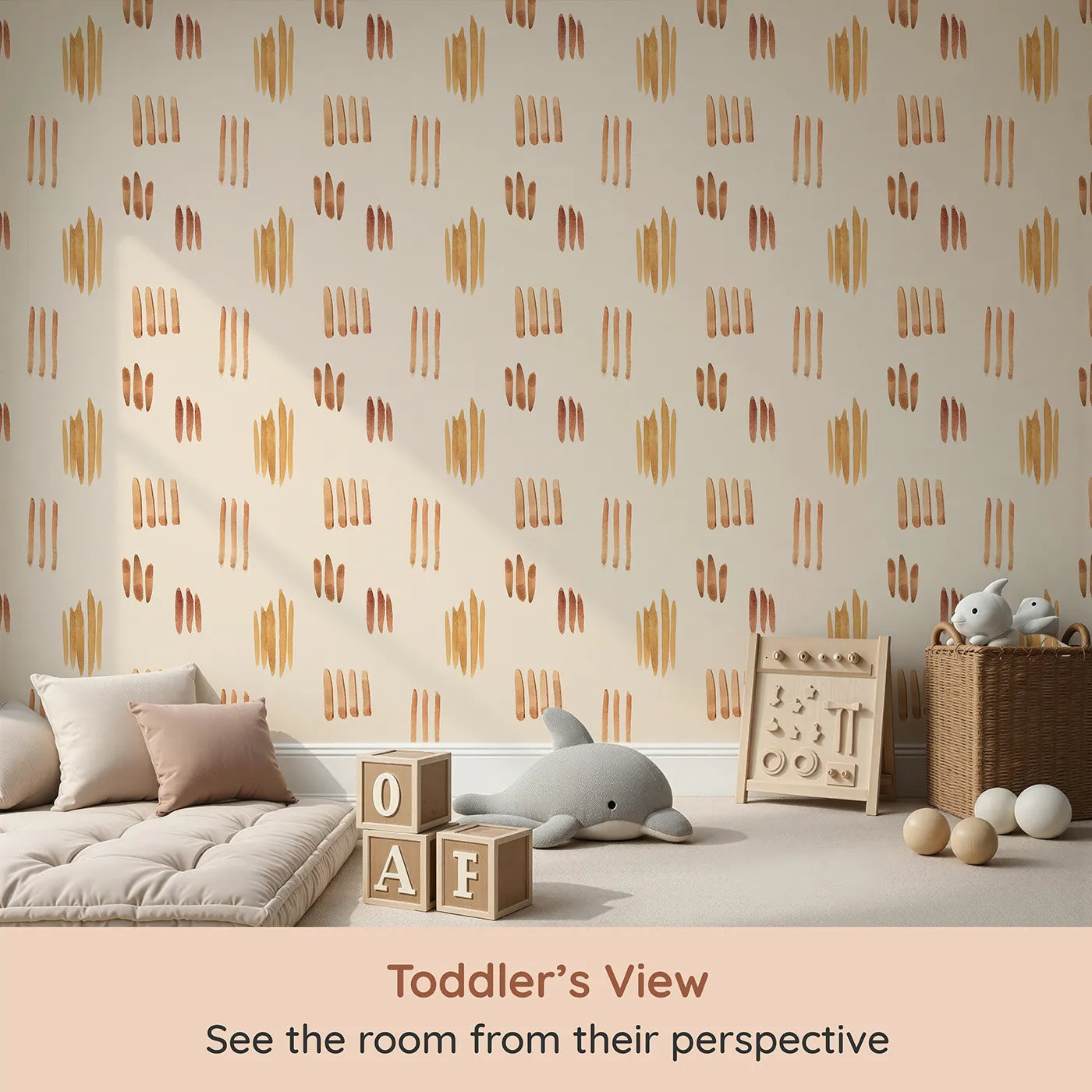 Whimsy Tots Painted Simplicity Wallpaper in Cream (W3374C) from your child's view.Warm brushstrokes float gently across a creamy backdrop.