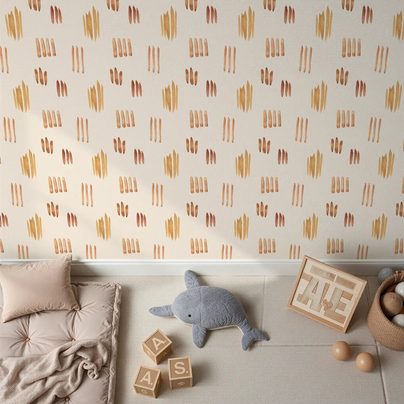 Top-Down view of Whimsy Tots' Painted Simplicity Wallpaper in Cream (W3374C).Warm brushstrokes float gently across a creamy backdrop.